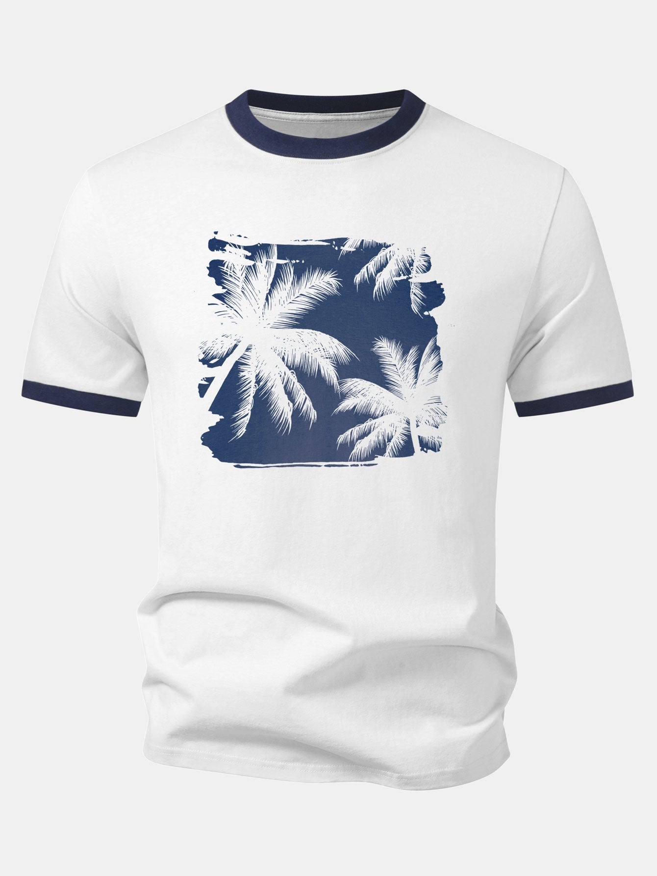 Palm Tree Print Contrast Ringer T-Shirt & Swim Shorts