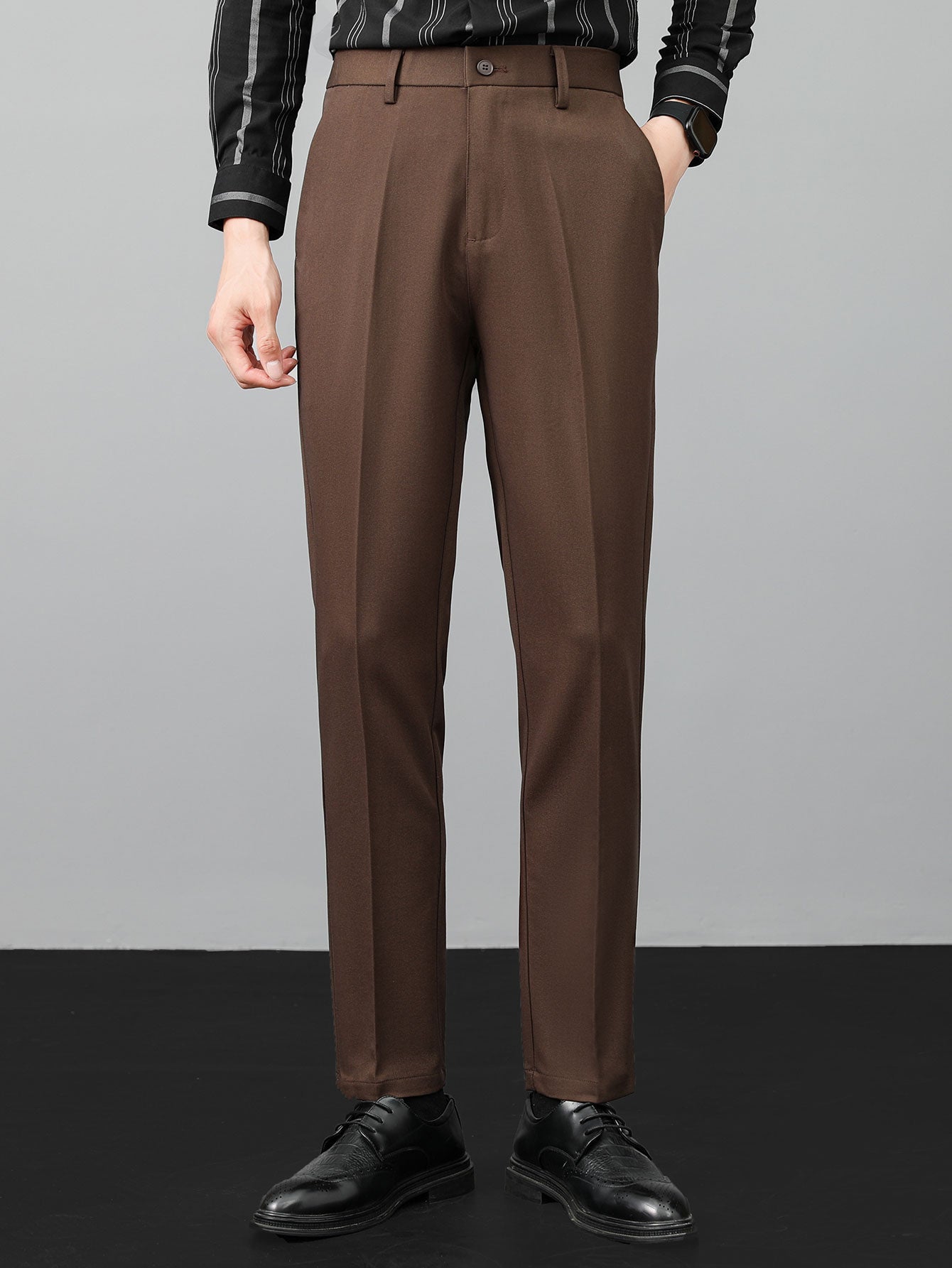 Stripe Johnny Collar Knit Polo & Slim Fit Tapered Trousers