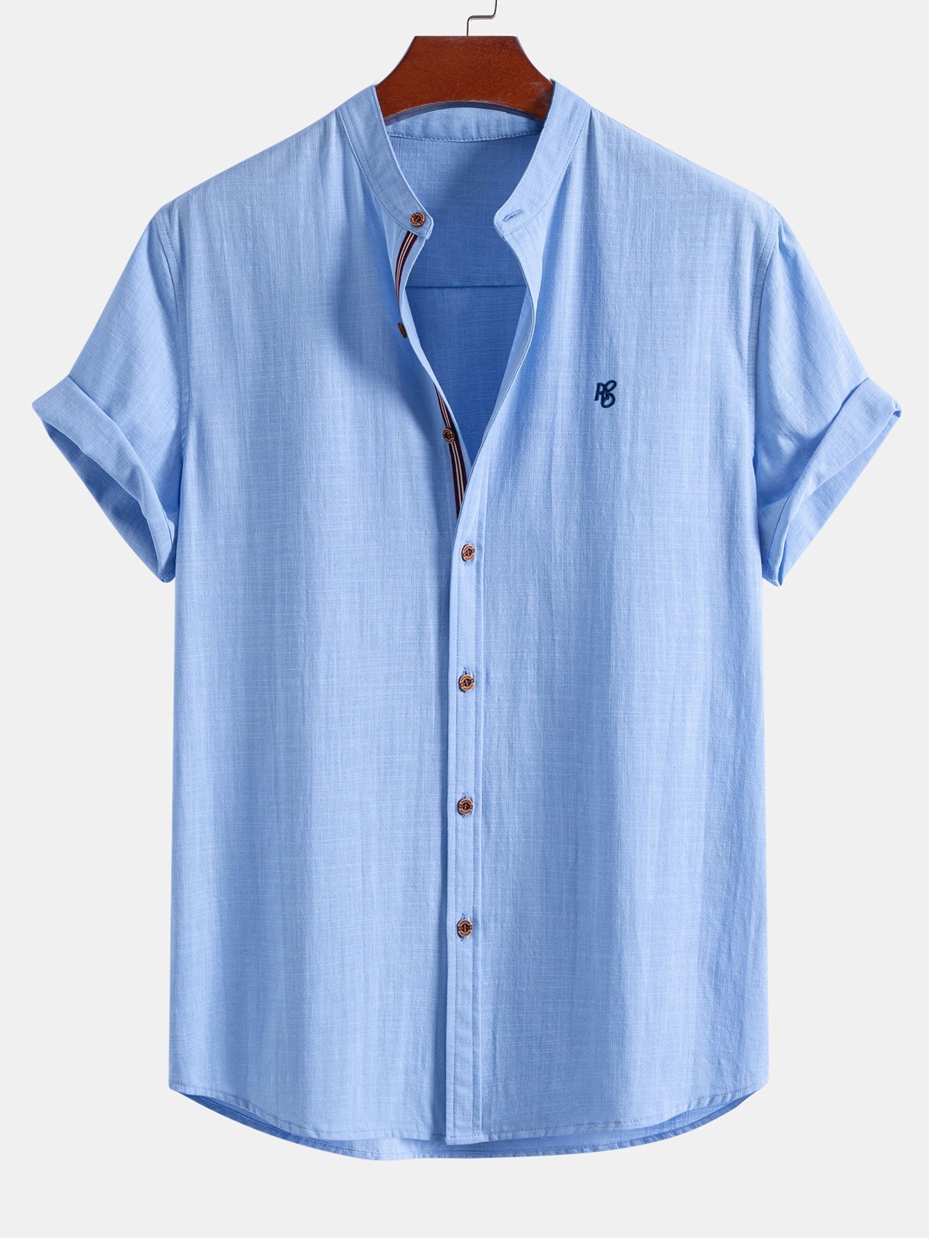 Short Sleeve Linen Look Stand Collar Shirt & Linen Blend Drawstring 7" Shorts