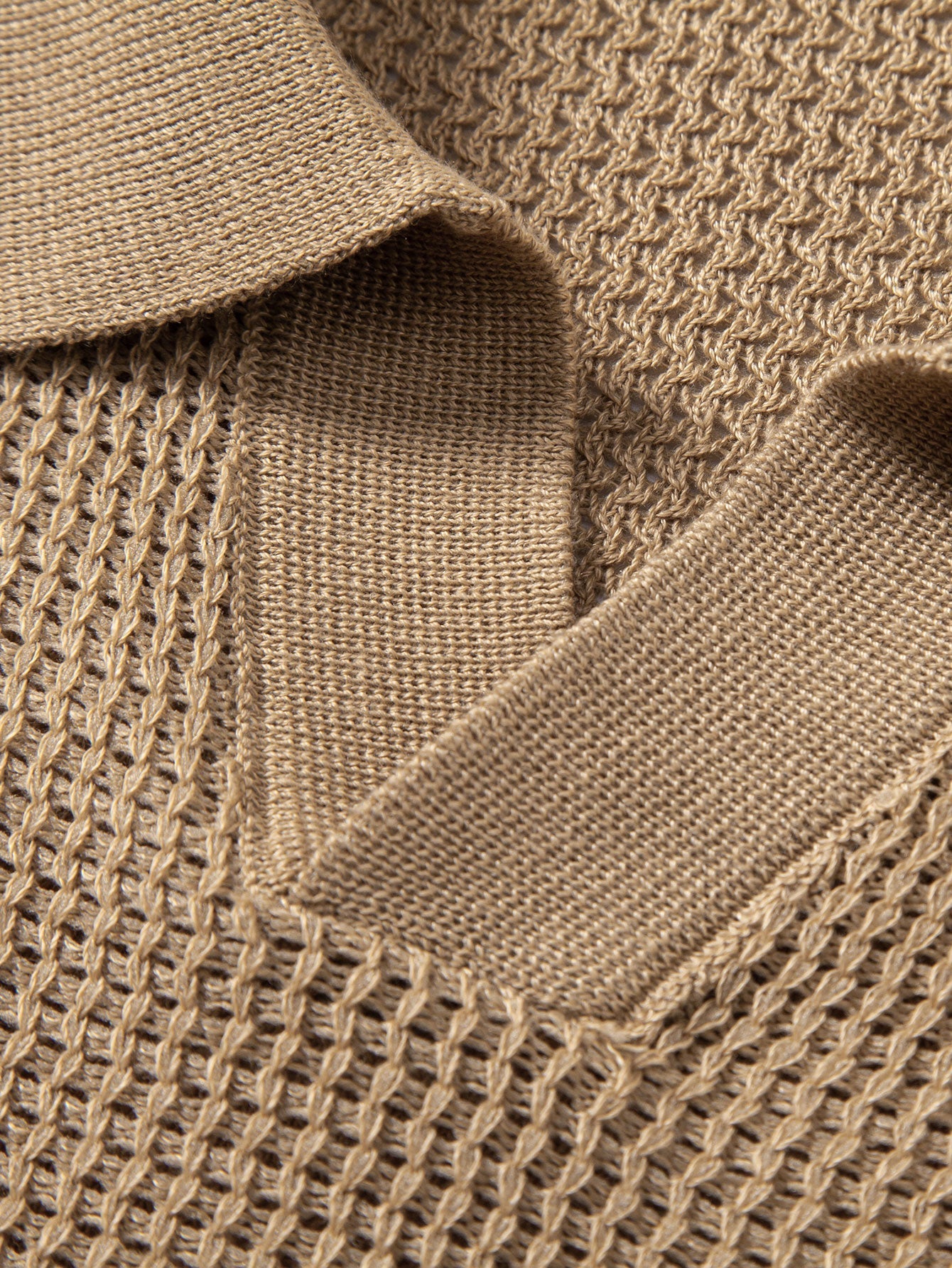 Textured Johnny Collar Crocheted Knit Polo & Crinkle Textured Straight Leg Pants