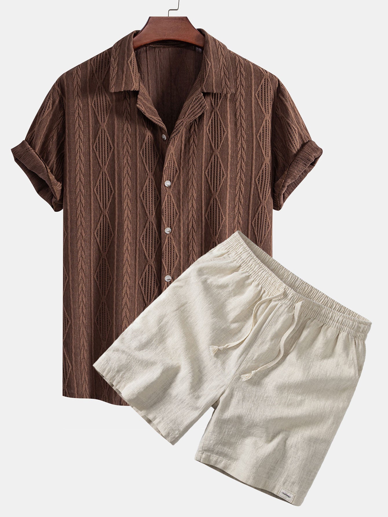 Geometric Jacquard Eyelet Cuban Shirt & Linen Blend Drawstring 7" Shorts