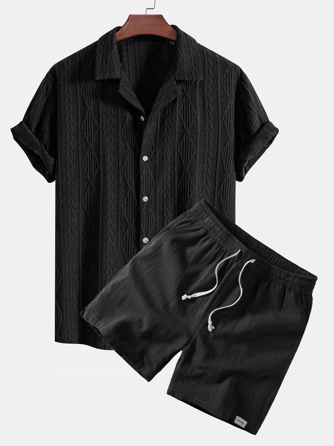 Geometric Jacquard Eyelet Cuban Shirt & Linen Blend Drawstring 7" Shorts