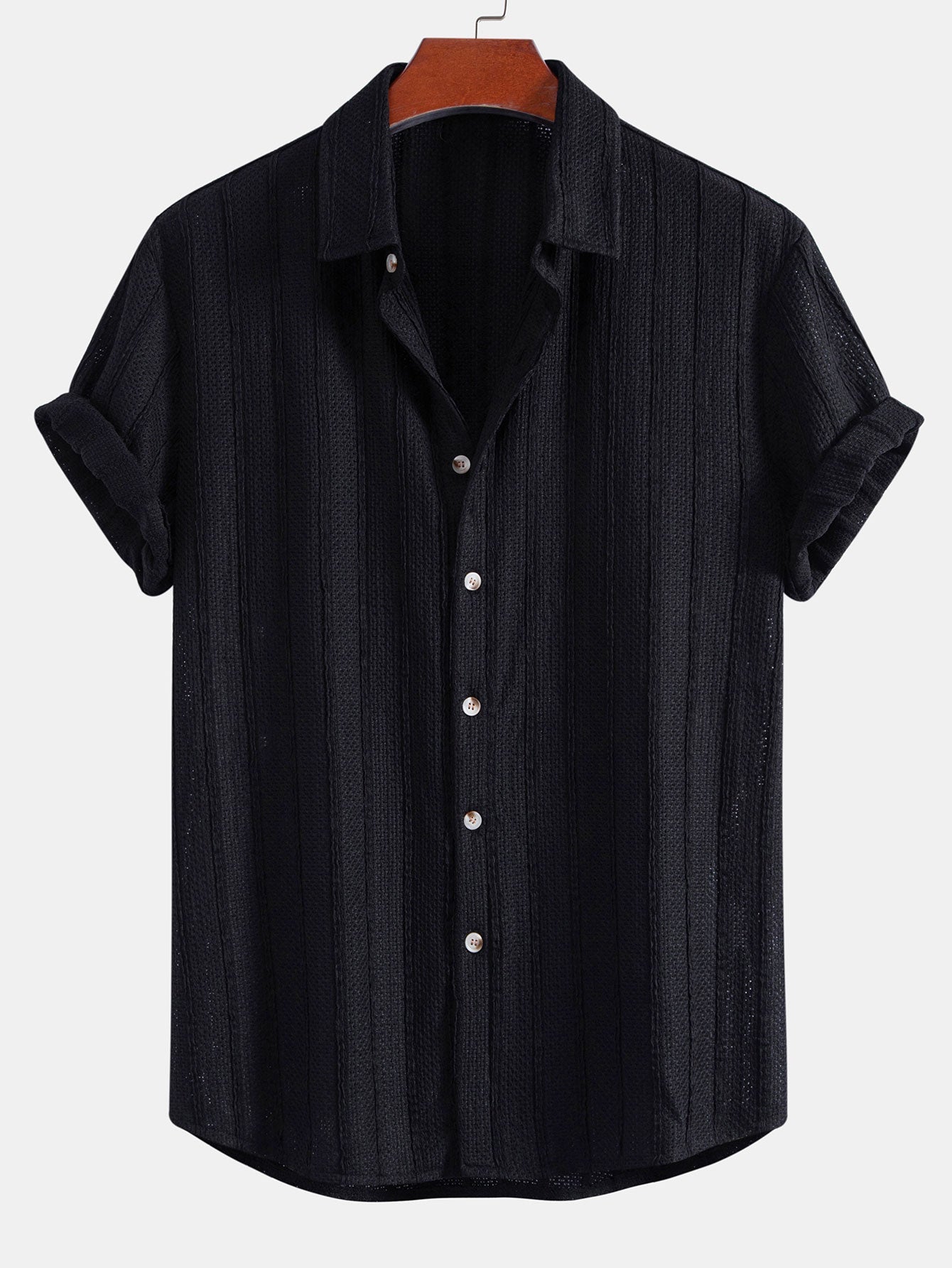 Textured Striped Button Up Shirt & Crinkle Textured Straight Leg Pants