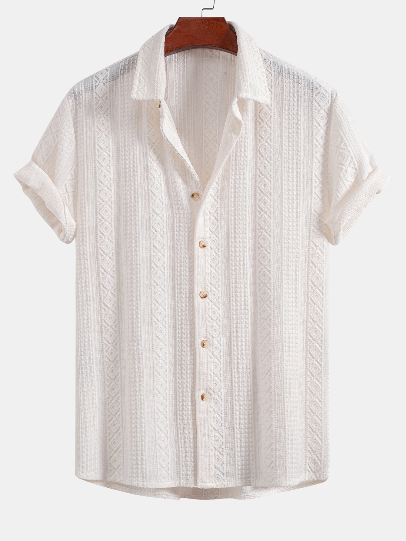 Geometric Jacquard Button Up Shirt & Crinkle Textured Drawstring 5" Shorts