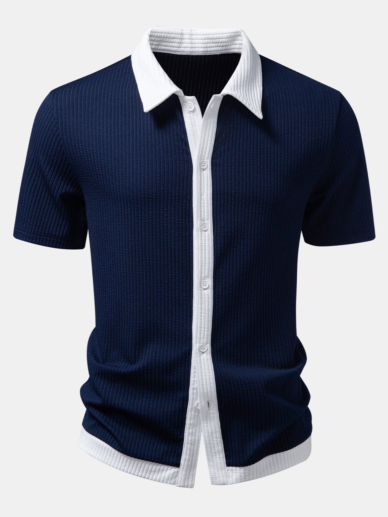Contrast Ribbed Button Up Shirt & Straight Leg Ribbed Pants