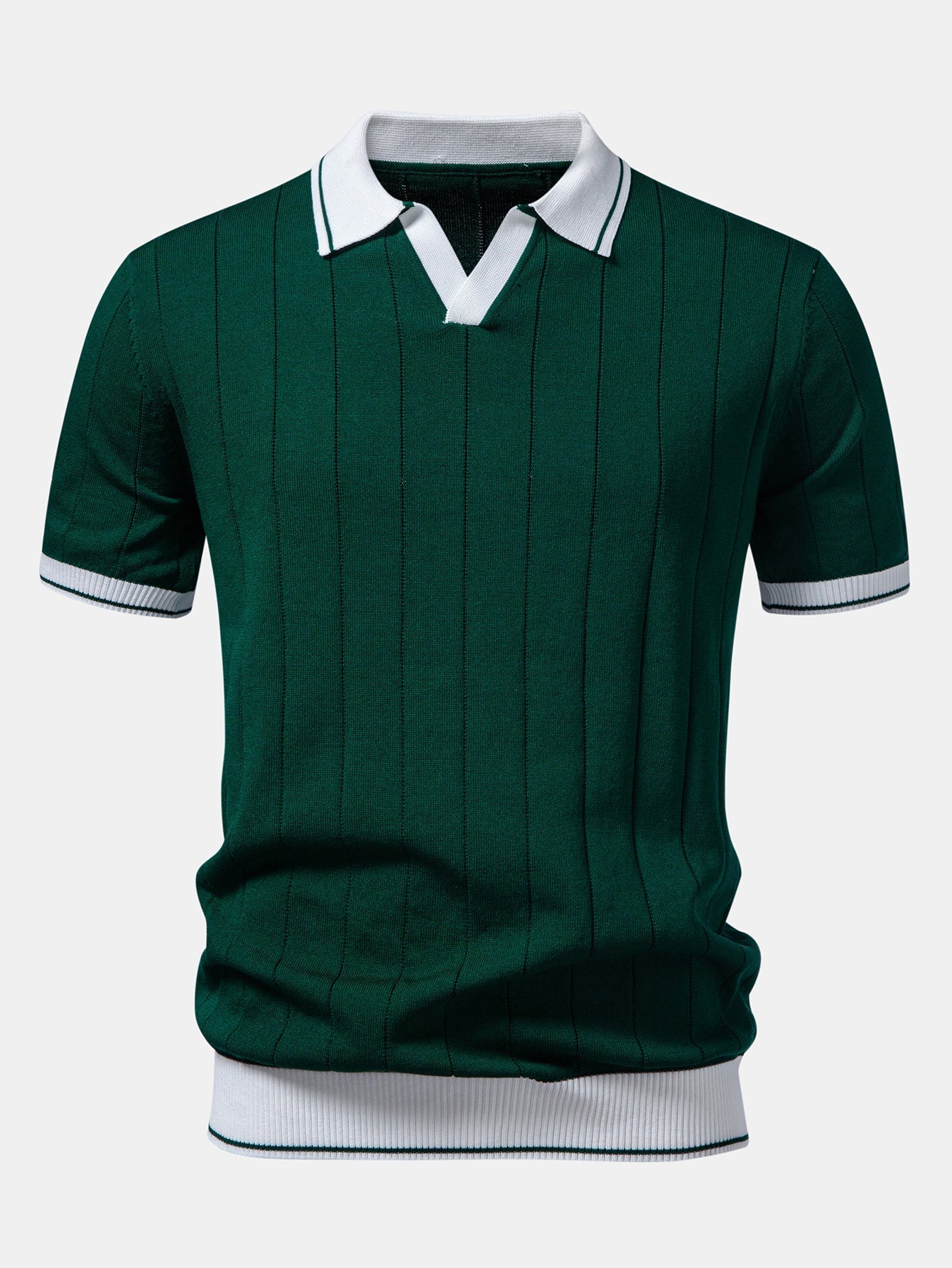 Contrast Trim Ribbed Johnny Collar Knit Polo & Elastic Waist Chino Shorts
