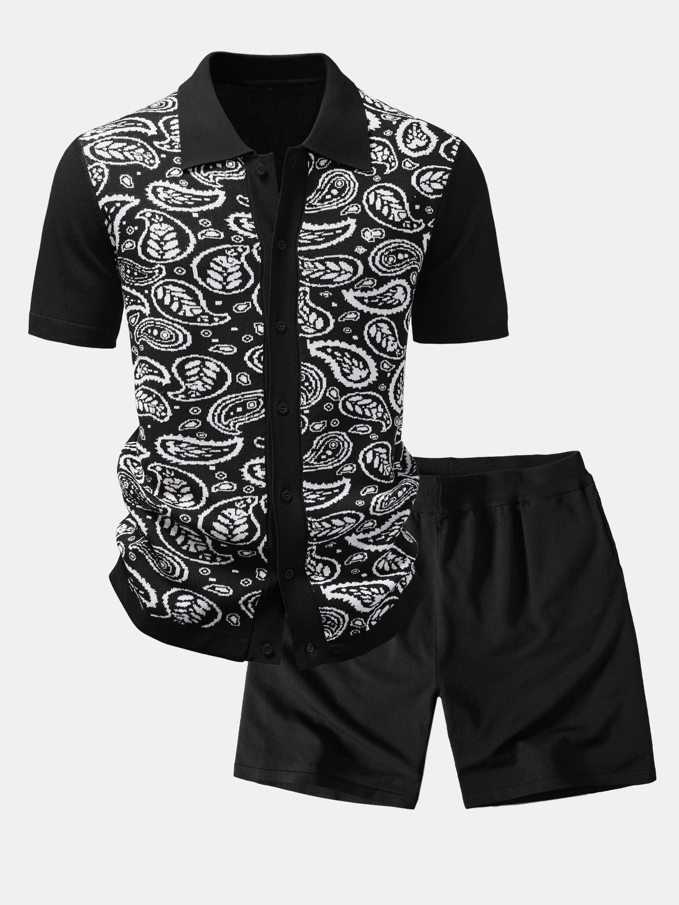 Paisley Button Up Knit Shirt & Knit Shorts
