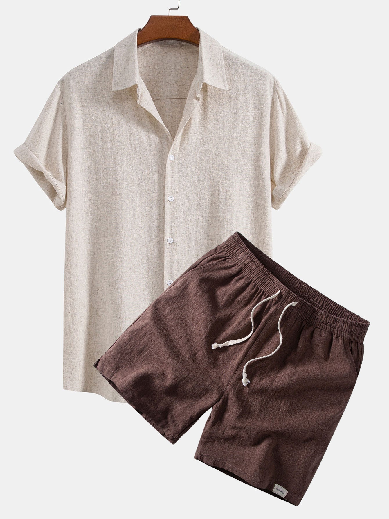 Linen Rayon Blend Button Up Shirt & Linen Blend Drawstring 7" Shorts