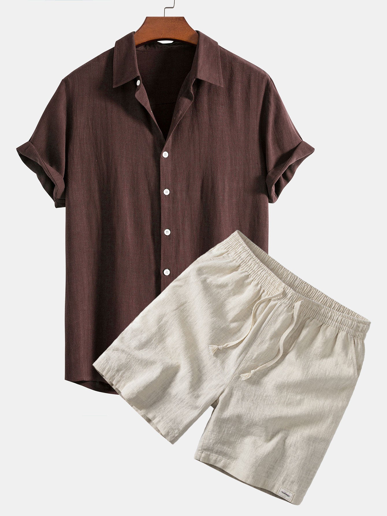Linen Rayon Blend Button Up Shirt & Linen Blend Drawstring 7" Shorts
