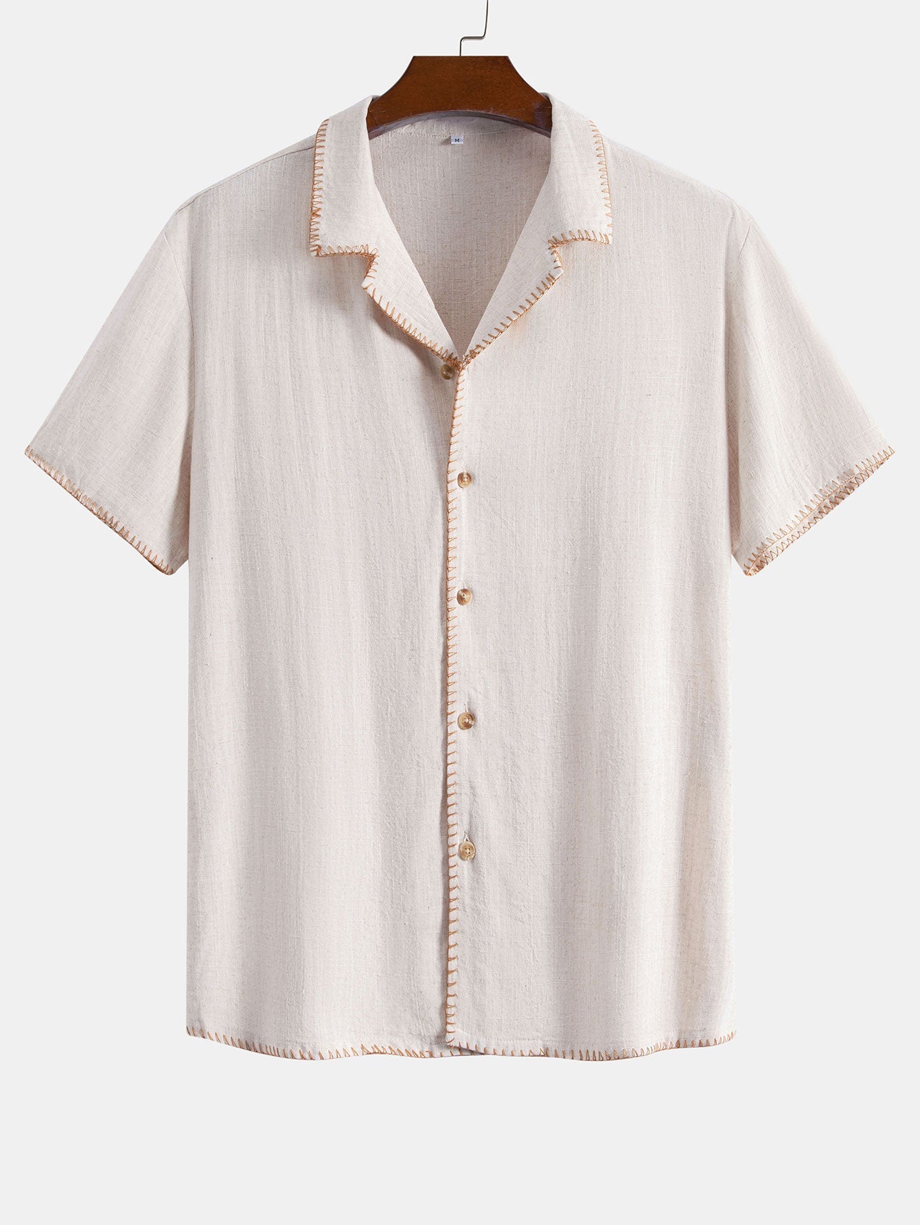 Contrast Stitching Linen Rayon Blend Cuban Shirt & Straight Leg Linen Pants