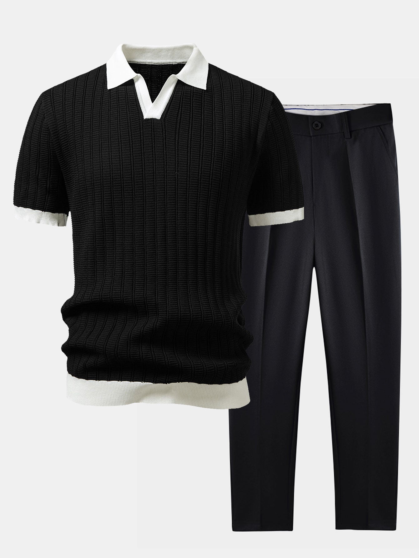 Contrast Textured Johnny Collar Knit Polo & Slim Fit Tapered Trousers