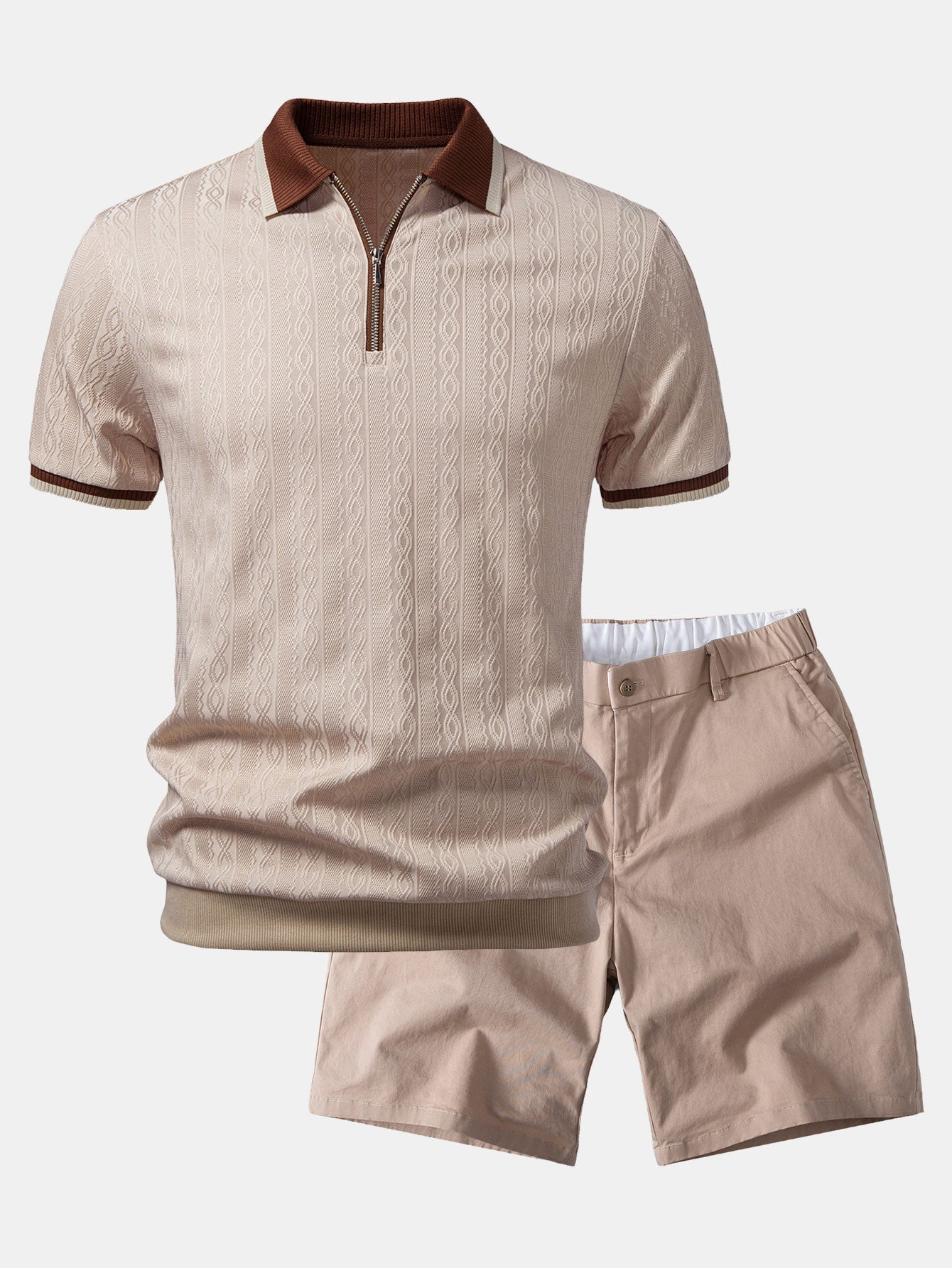 Contrast Trim Textured Zipper Knit Polo & Elastic Waist Chino Shorts