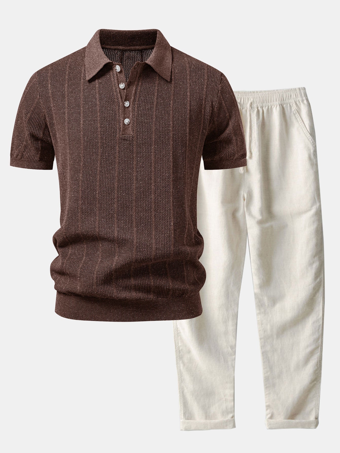 Linen Stripe Open Knit Polo & Straight Leg Linen Pants