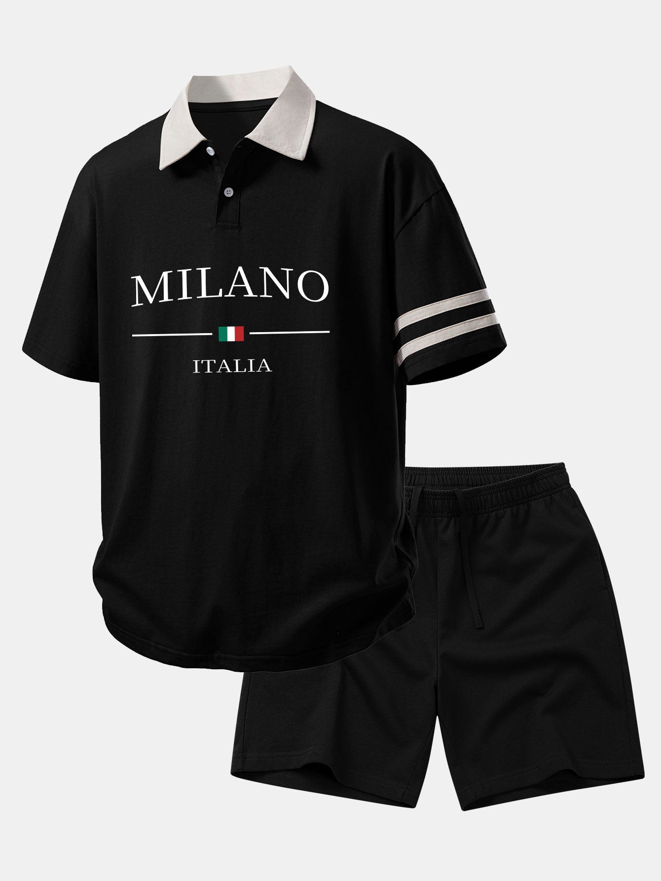 Relax Fit Milano Print Contrast Collar Polo Shirt & Cotton Drawstring 7" Shorts
