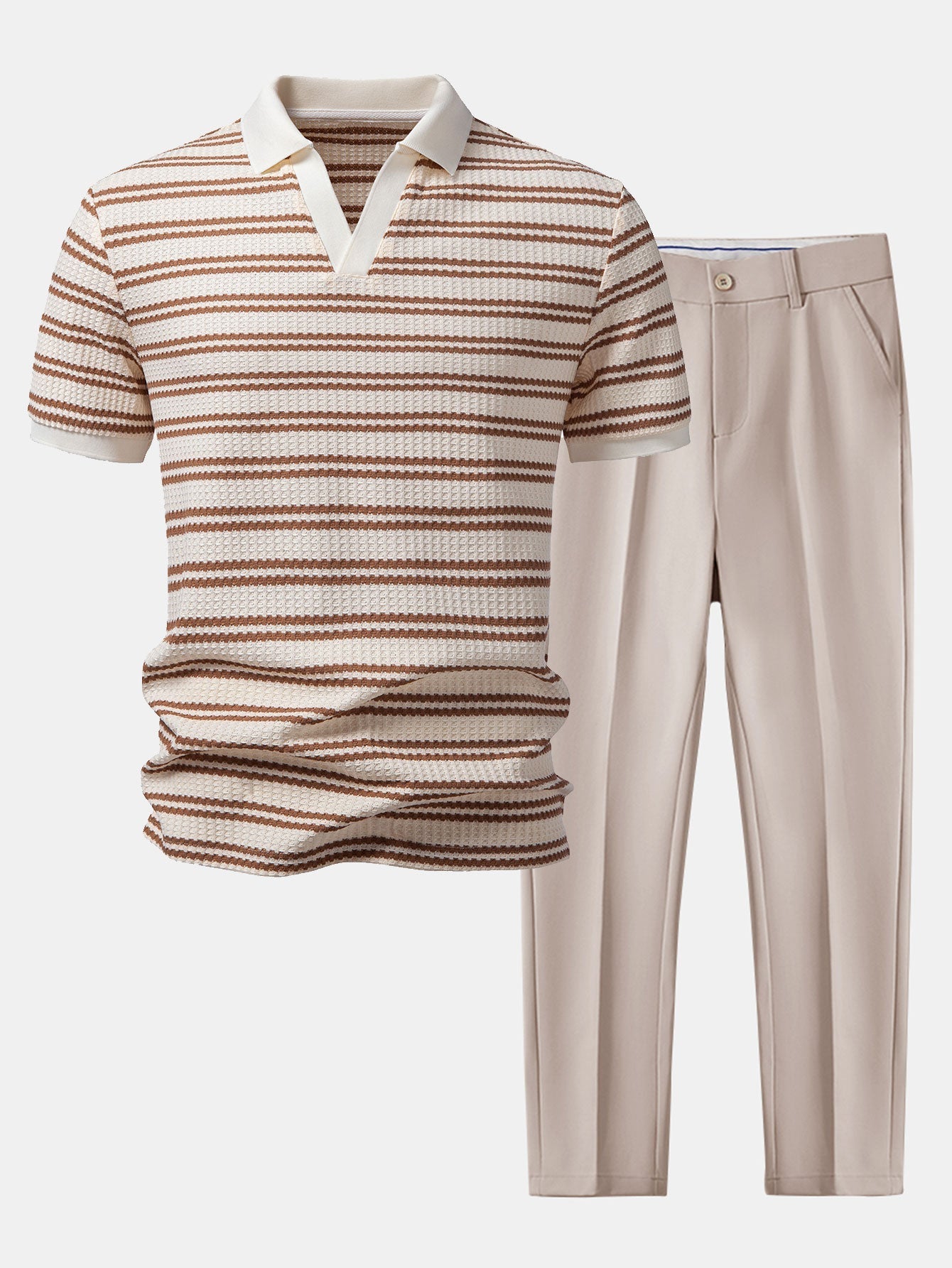 Stripe Waffle Johnny Collar Polo & Slim Fit Tapered Trousers