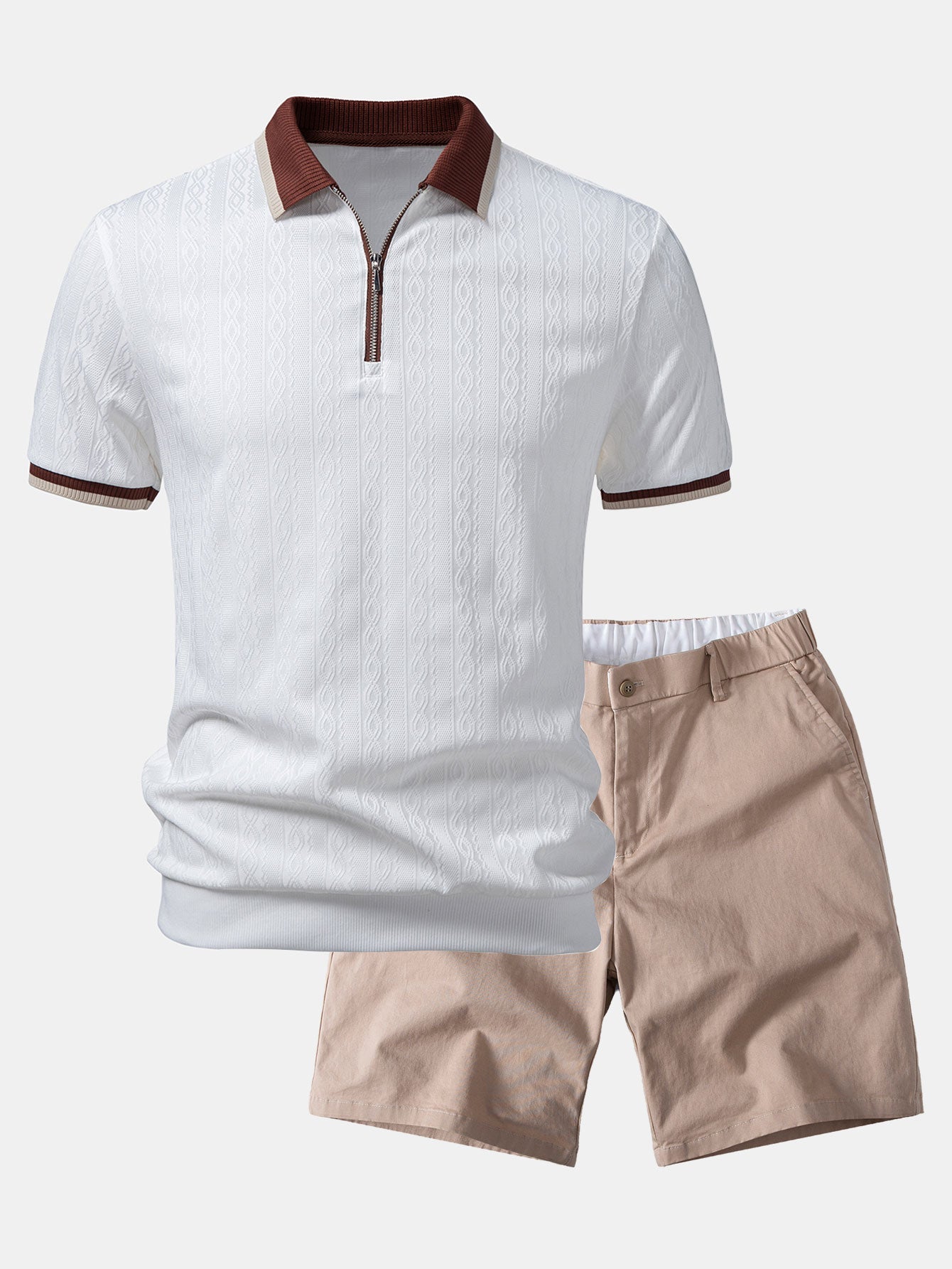 Contrast Trim Textured Zipper Knit Polo & Elastic Waist Chino Shorts