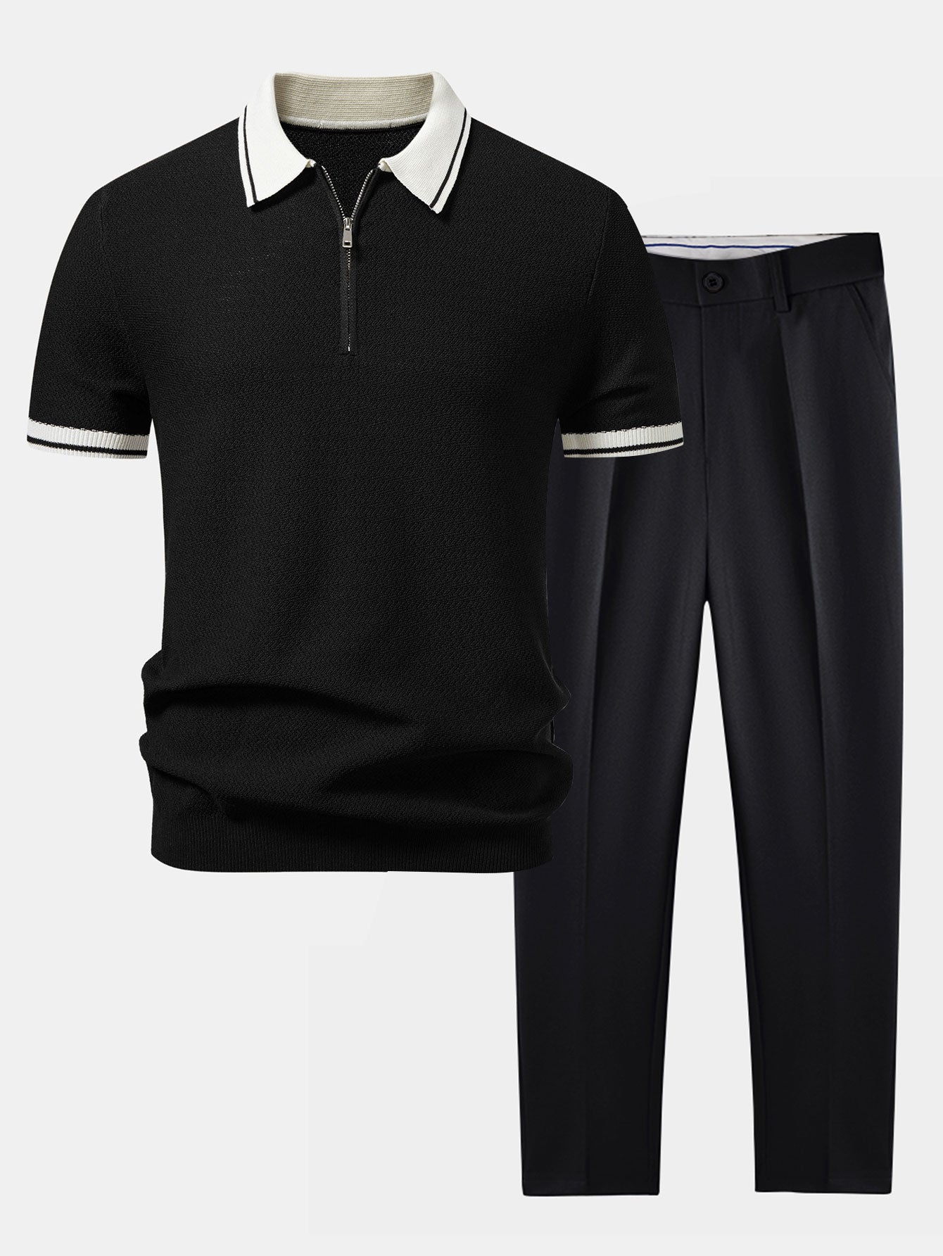 Contrast Zipper Knit Polo & Slim Fit Tapered Trousers