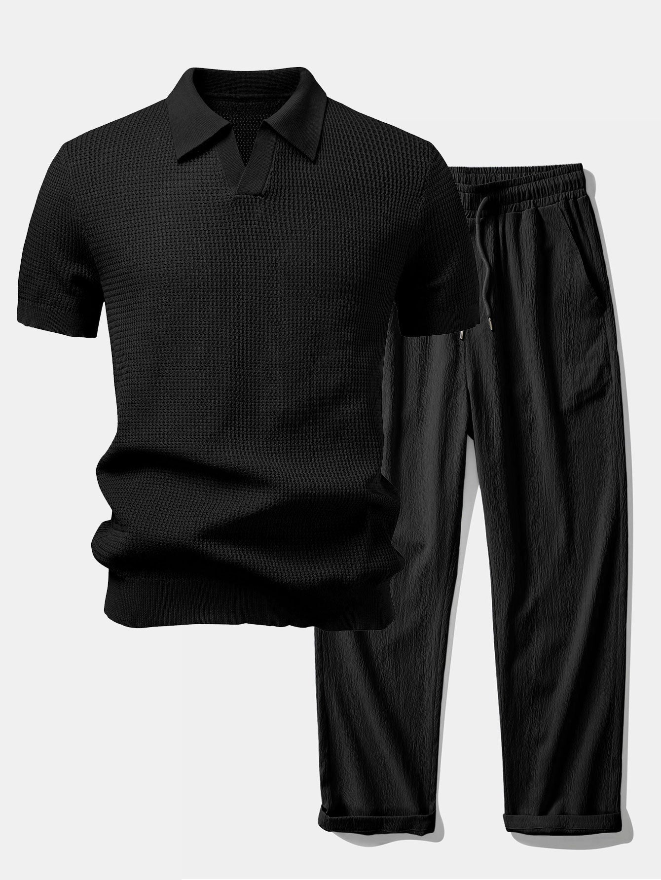 Textured Johnny Collar Crocheted Knit Polo & Crinkle Textured Straight Leg Pants