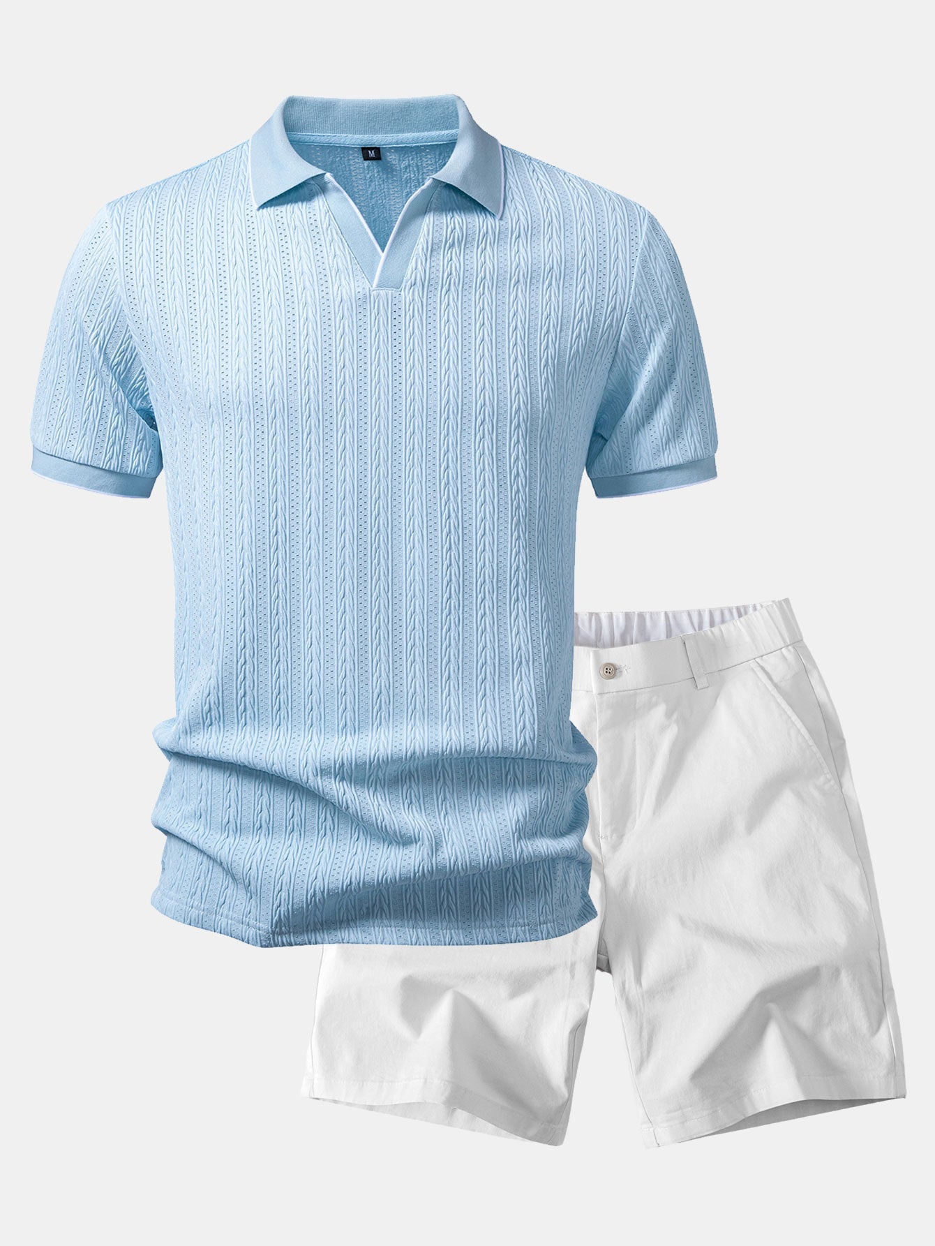 Geometric Jacquard Johnny Collar Polo & Elastic Waist Chino Shorts