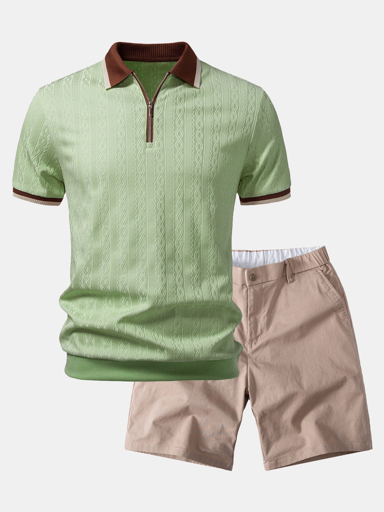 Contrast Trim Textured Zipper Knit Polo & Elastic Waist Chino Shorts