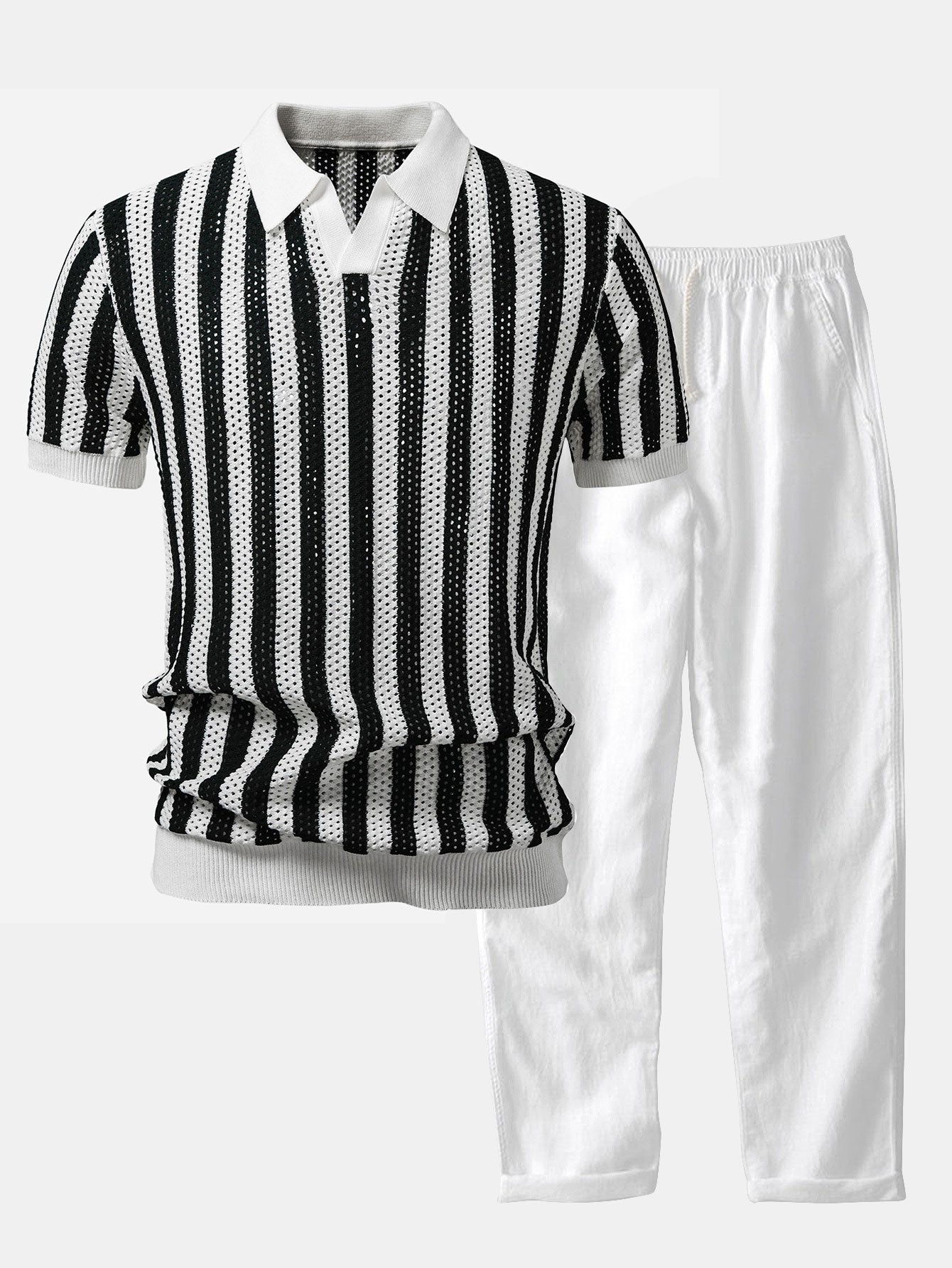 Stripe Johnny Collar Open Knit Polo & Straight Leg Linen Pants