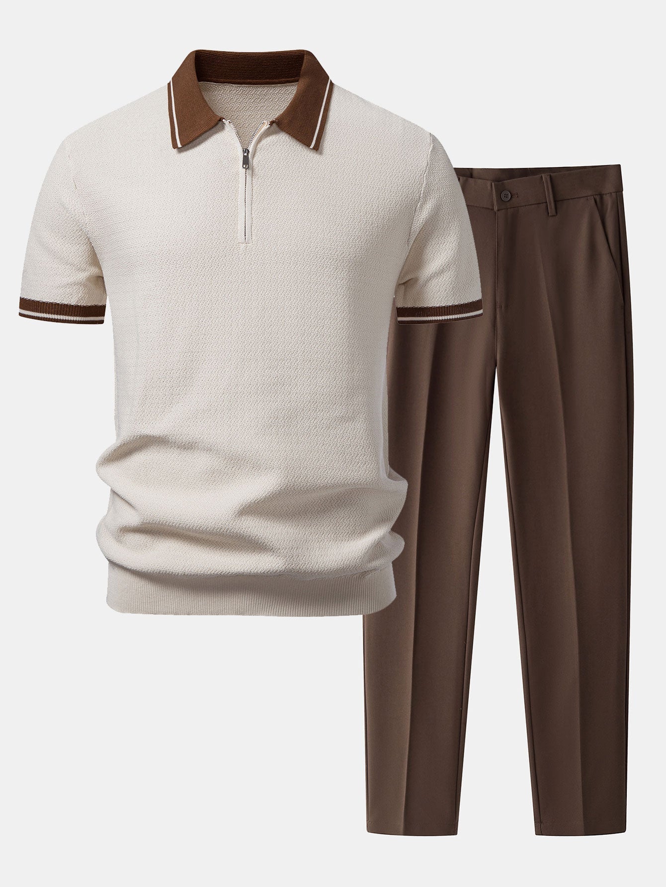 Contrast Zipper Knit Polo & Slim Fit Tapered Trousers