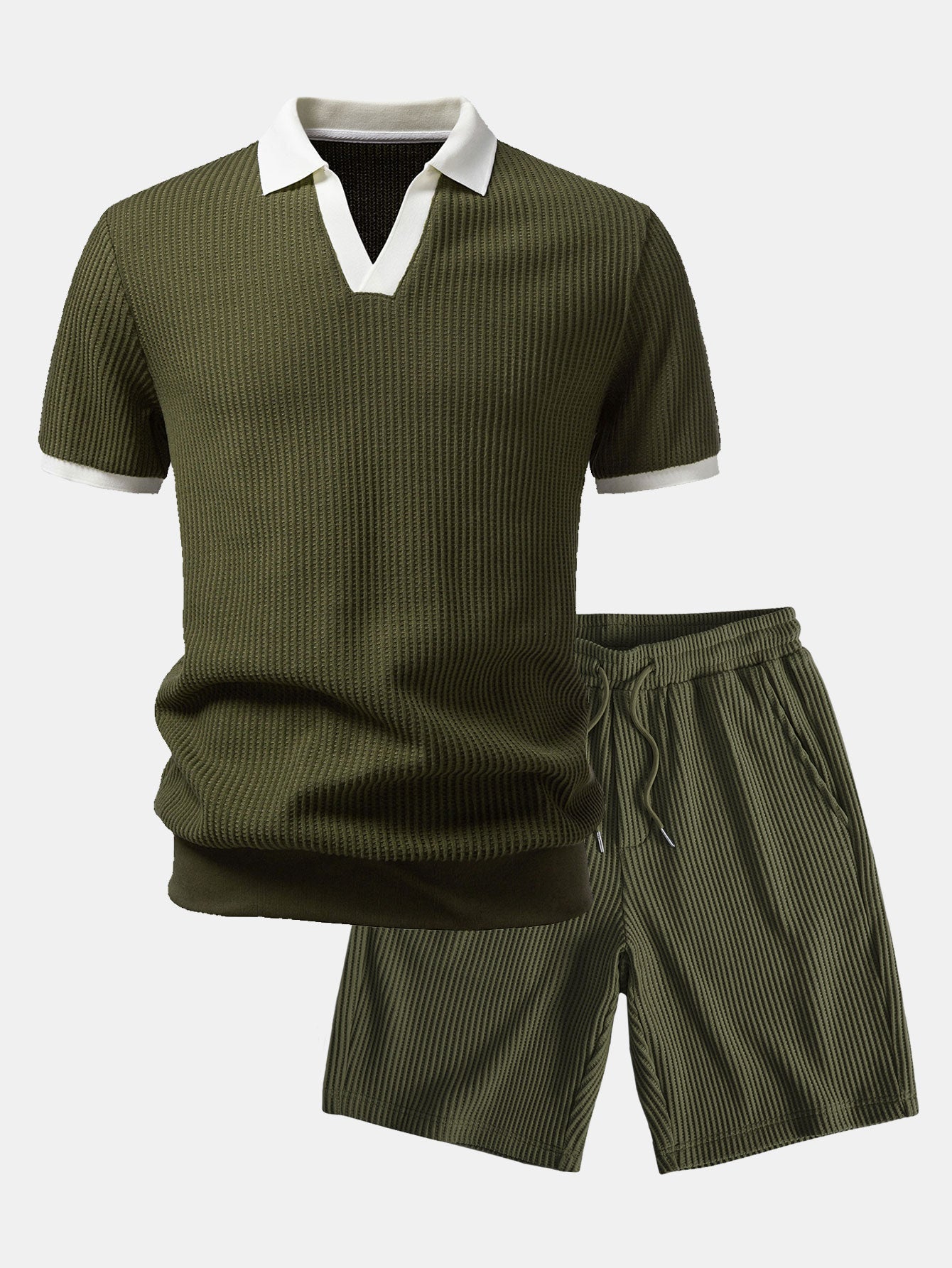 Contrast Knit Waffle Johnny Collar Polo & Drawstring Knitted Waffle Shorts
