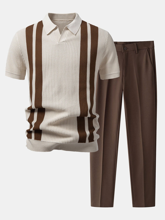 Stripe Johnny Collar Knit Polo & Slim Fit Tapered Trousers