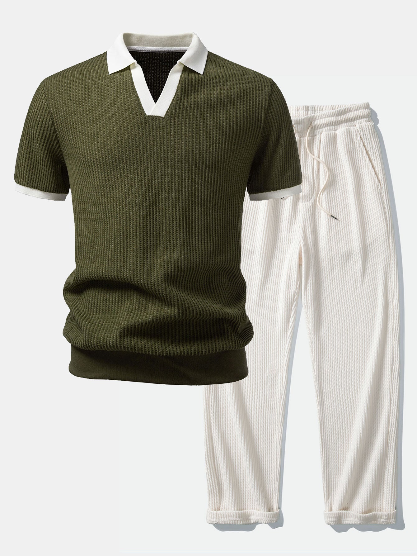 Contrast Knit Waffle Johnny Collar Polo & Drawstring Knitted Waffle Pants
