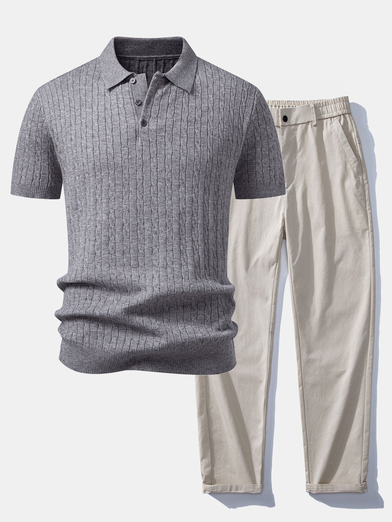 Twisted Jacquard Knit Polo & Elastic Waist Straight Leg Trousers