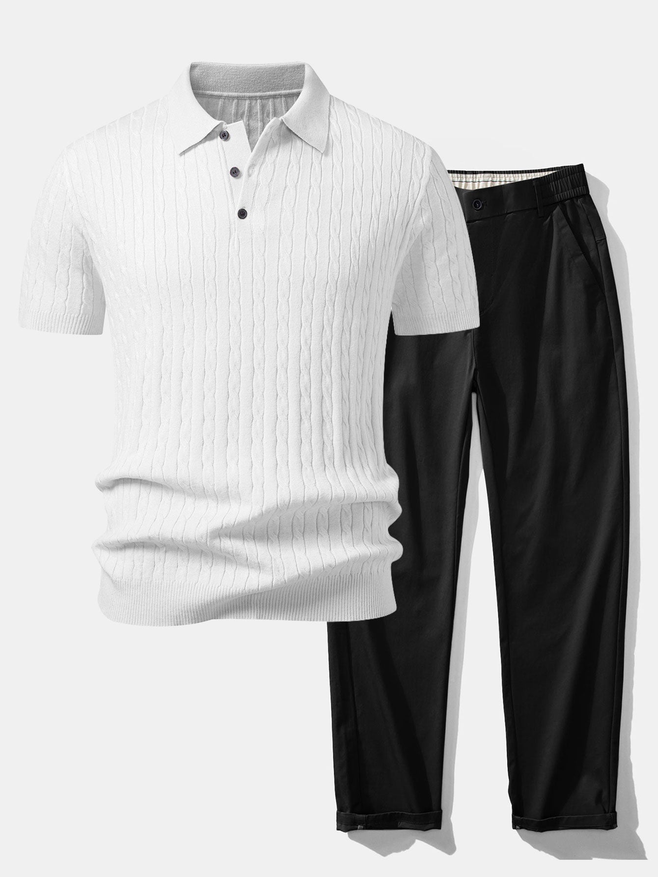 Twisted Jacquard Knit Polo & Elastic Waist Straight Leg Trousers