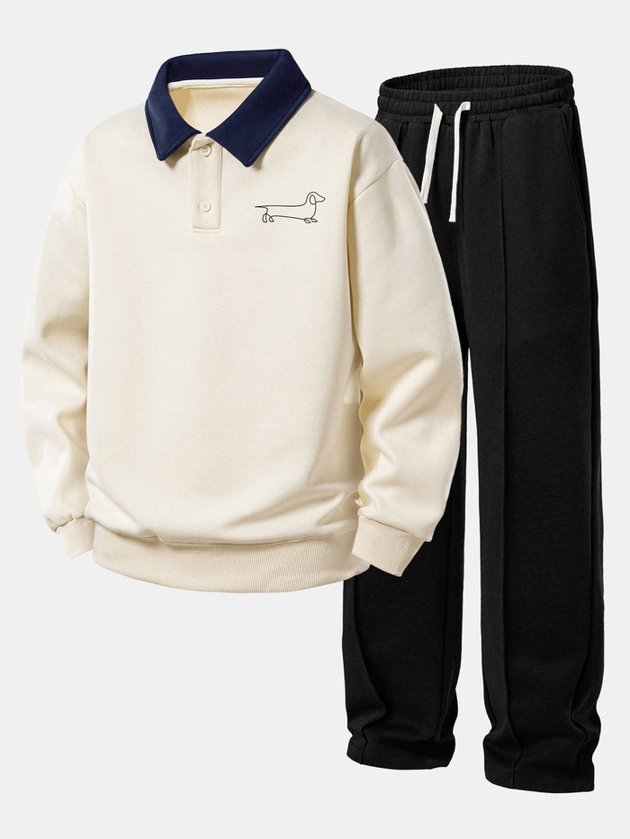 Relax Fit Line Dachshund Print Contrast Polo Sweatshirt & Straight Leg Pleated Pintuck Sweatpants