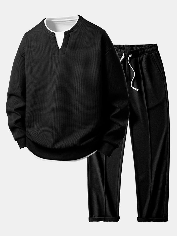 2 In 1 Waffle Notched Collar Sweatshirt & Waffle Pleated Pintuck Straight Leg Pants