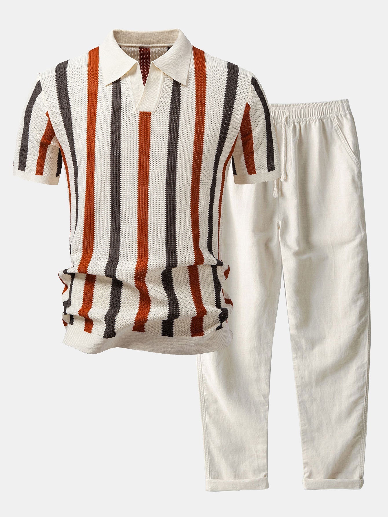Striped Knit Johnny Collar Polo & Straight Leg Linen Pants