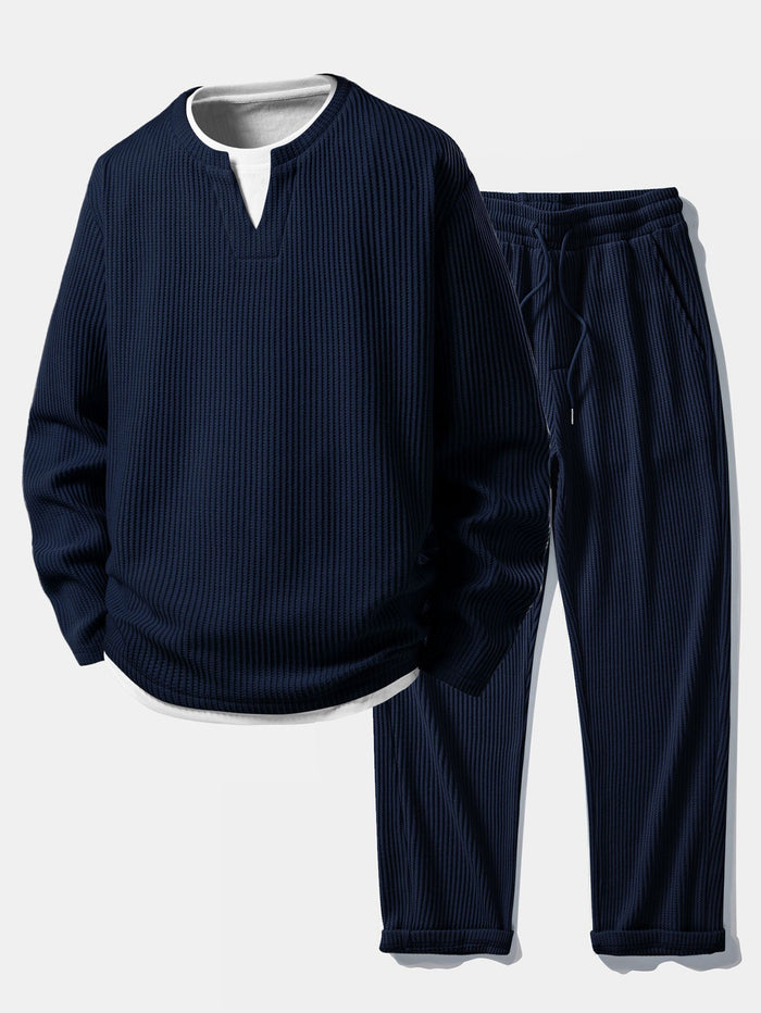 Relax Fit Waffle 2 In 1 Notched Collar T-Shirt & Drawstring Knitted Waffle Pants