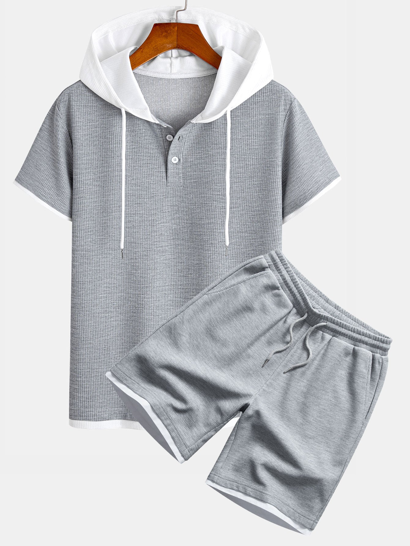 Contrast Button-Placket Waffle Hooded T-Shirt & 2 In 1 Waffle 7″‌ Shorts
