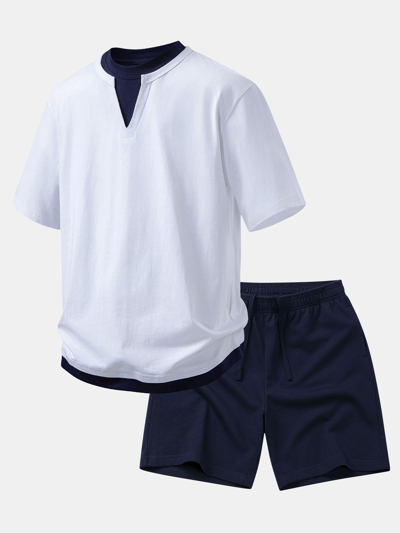 Relax Fit 2 In 1 Notched Collar T-Shirt & Cotton Drawstring 7" Shorts