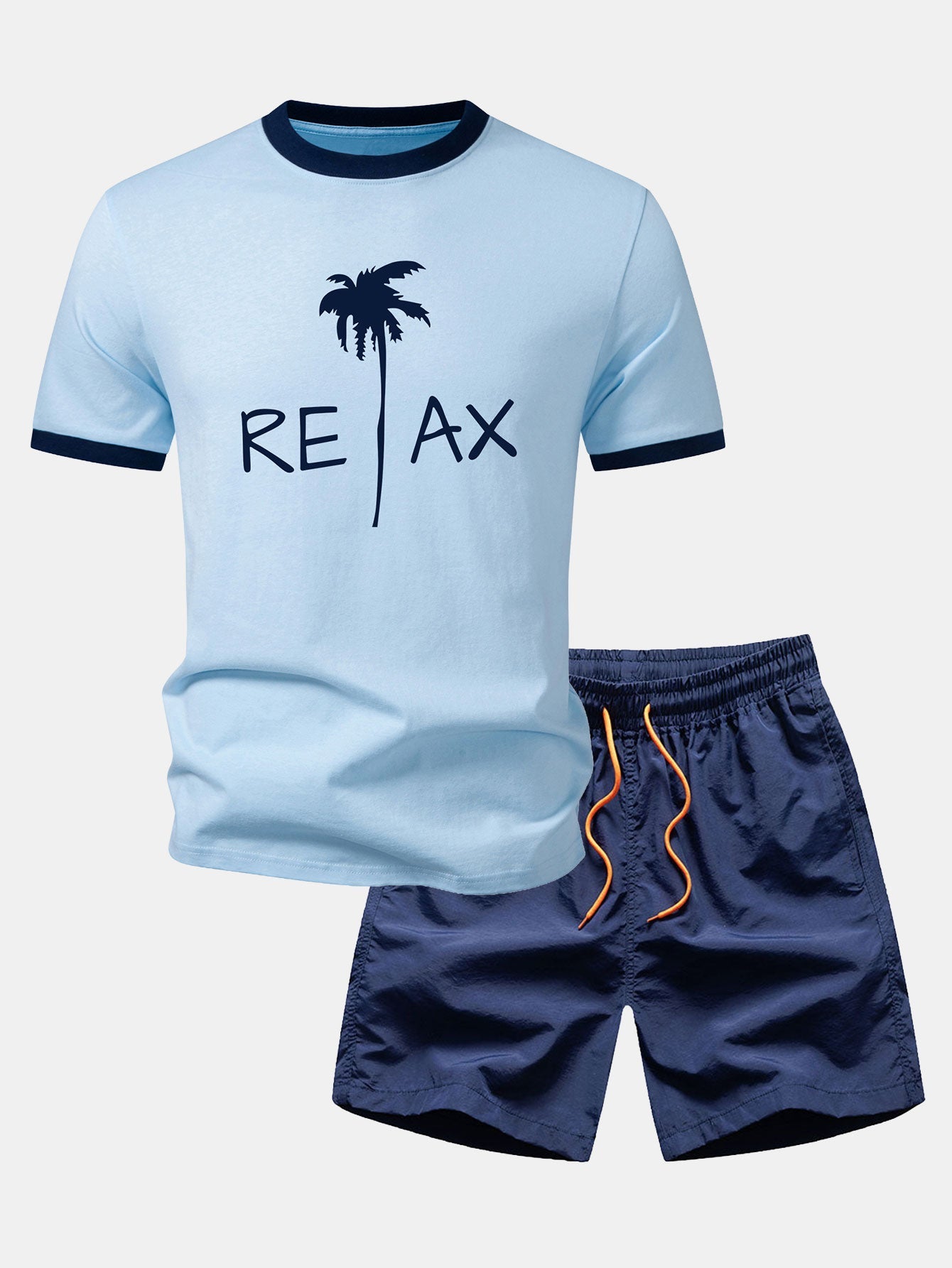 Relax Palm Tree Print Contrast Ringer T-Shirt & Swim Shorts