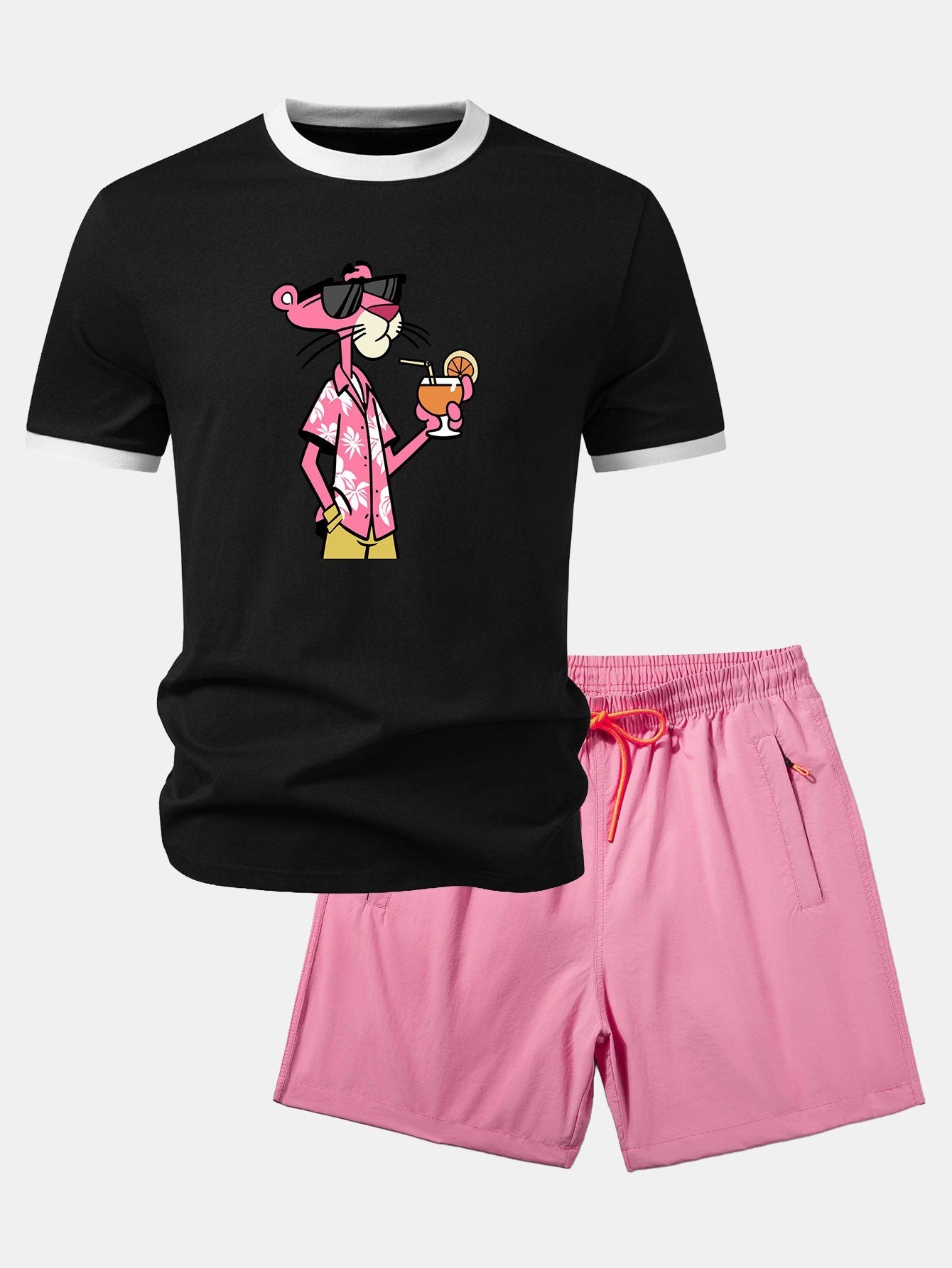 Vacation Pink Panther Print Contrast Ringer T-Shirt & Zip Pocket Swim Shorts