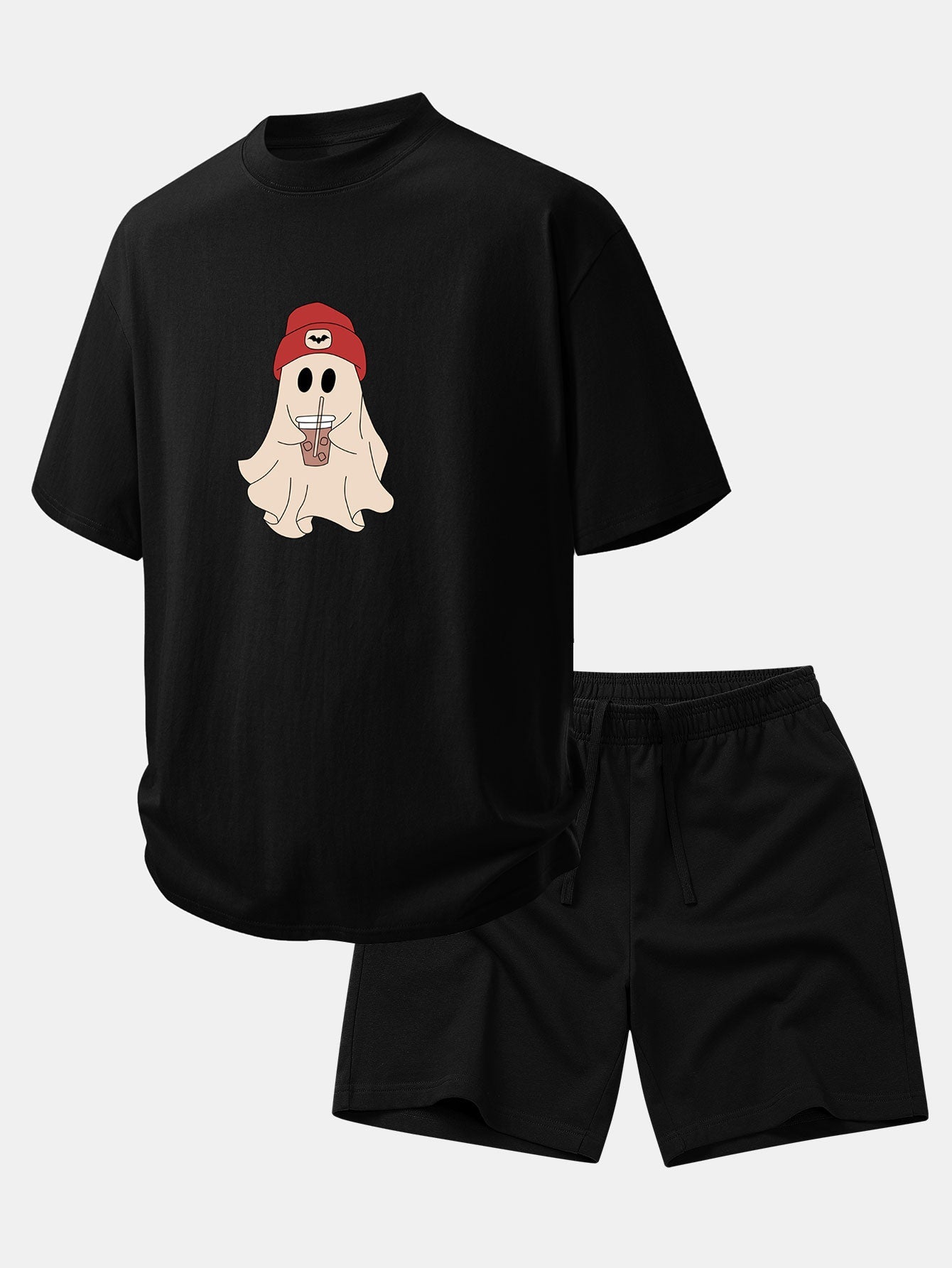 Relax Fit Red Hat Ghost Print Cotton T-Shirt & Cotton Drawstring 7" Shorts