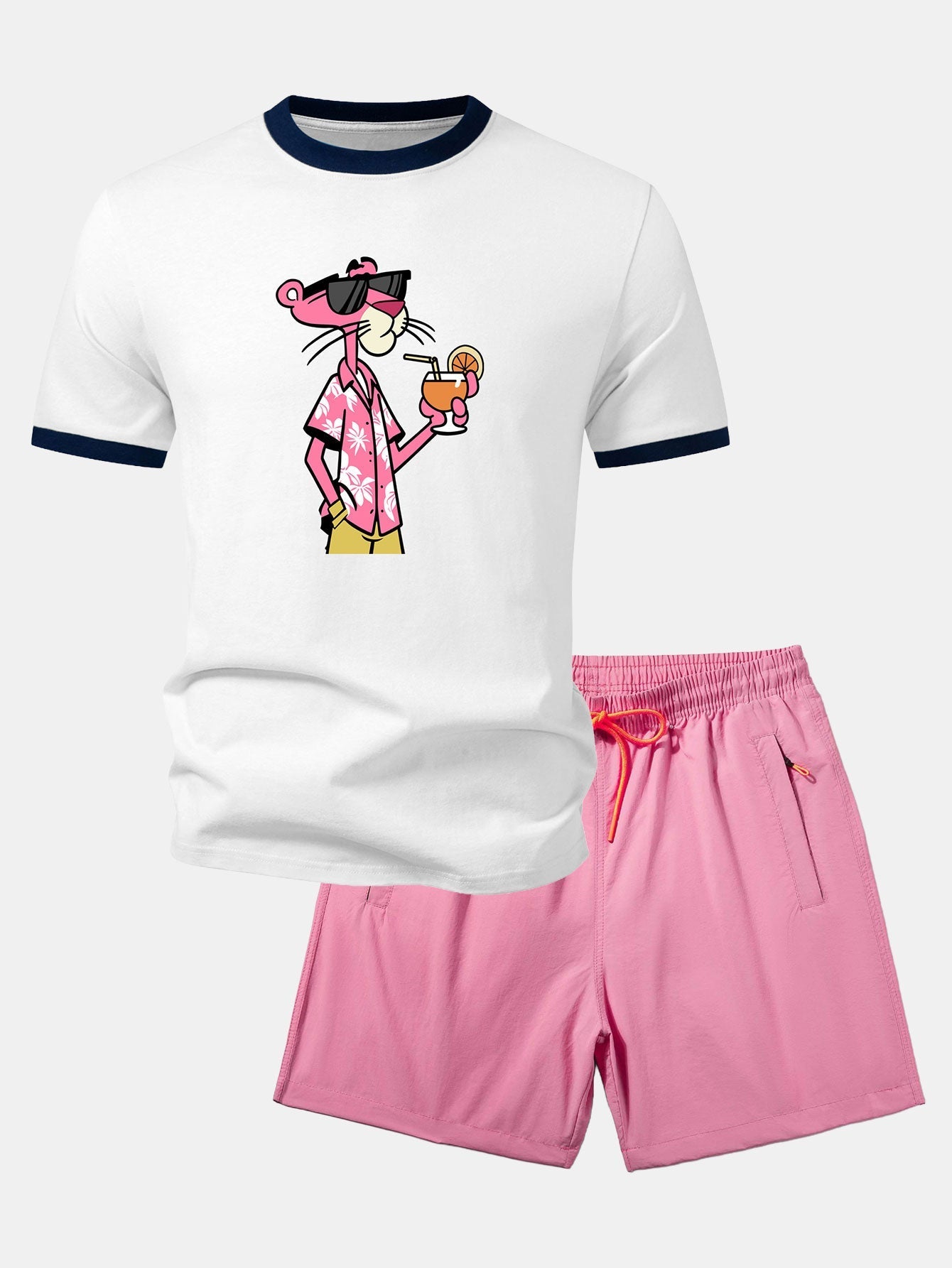 Vacation Pink Panther Print Contrast Ringer T-Shirt & Zip Pocket Swim Shorts
