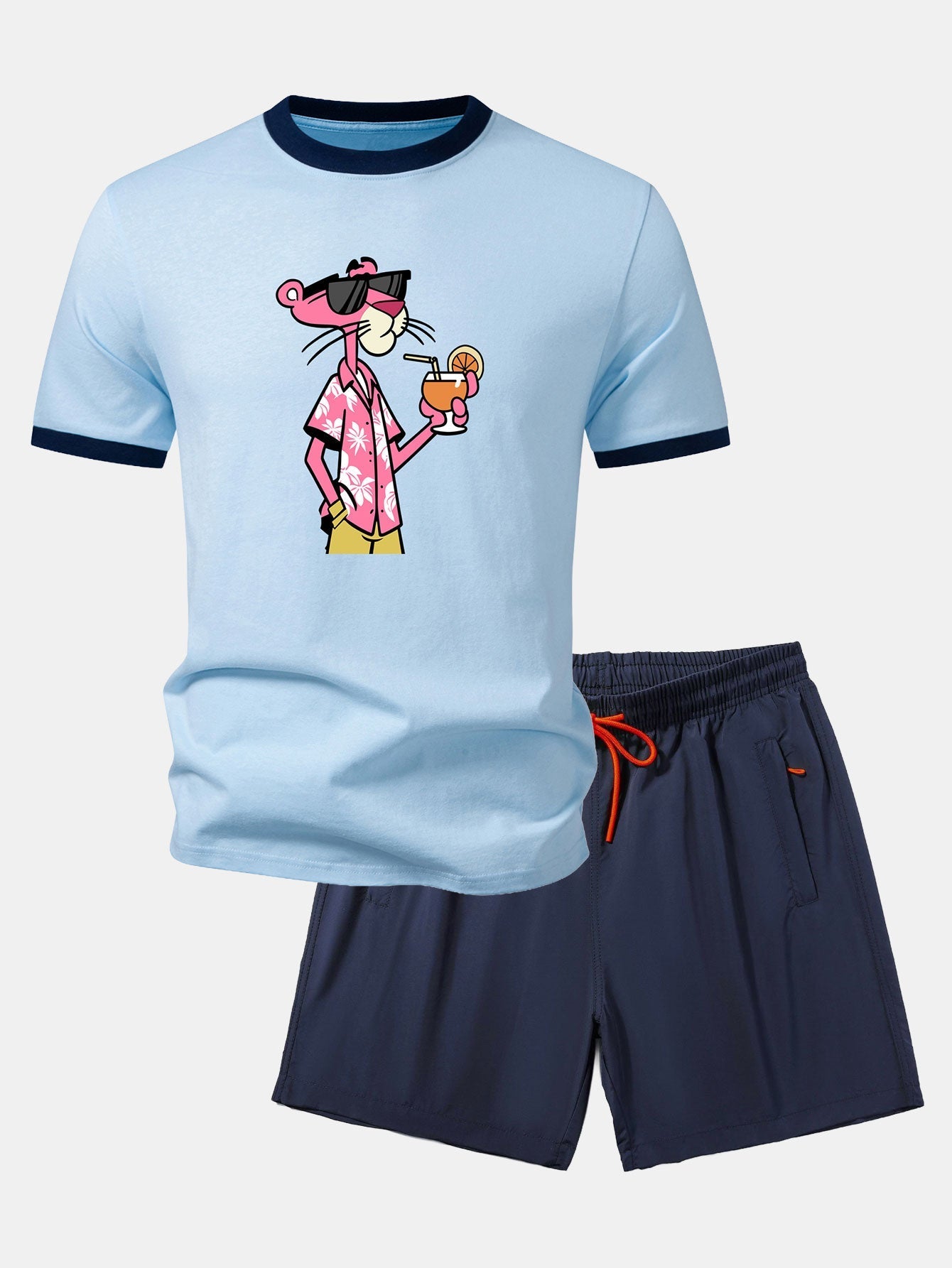 Vacation Pink Panther Print Contrast Ringer T-Shirt & Zip Pocket Swim Shorts