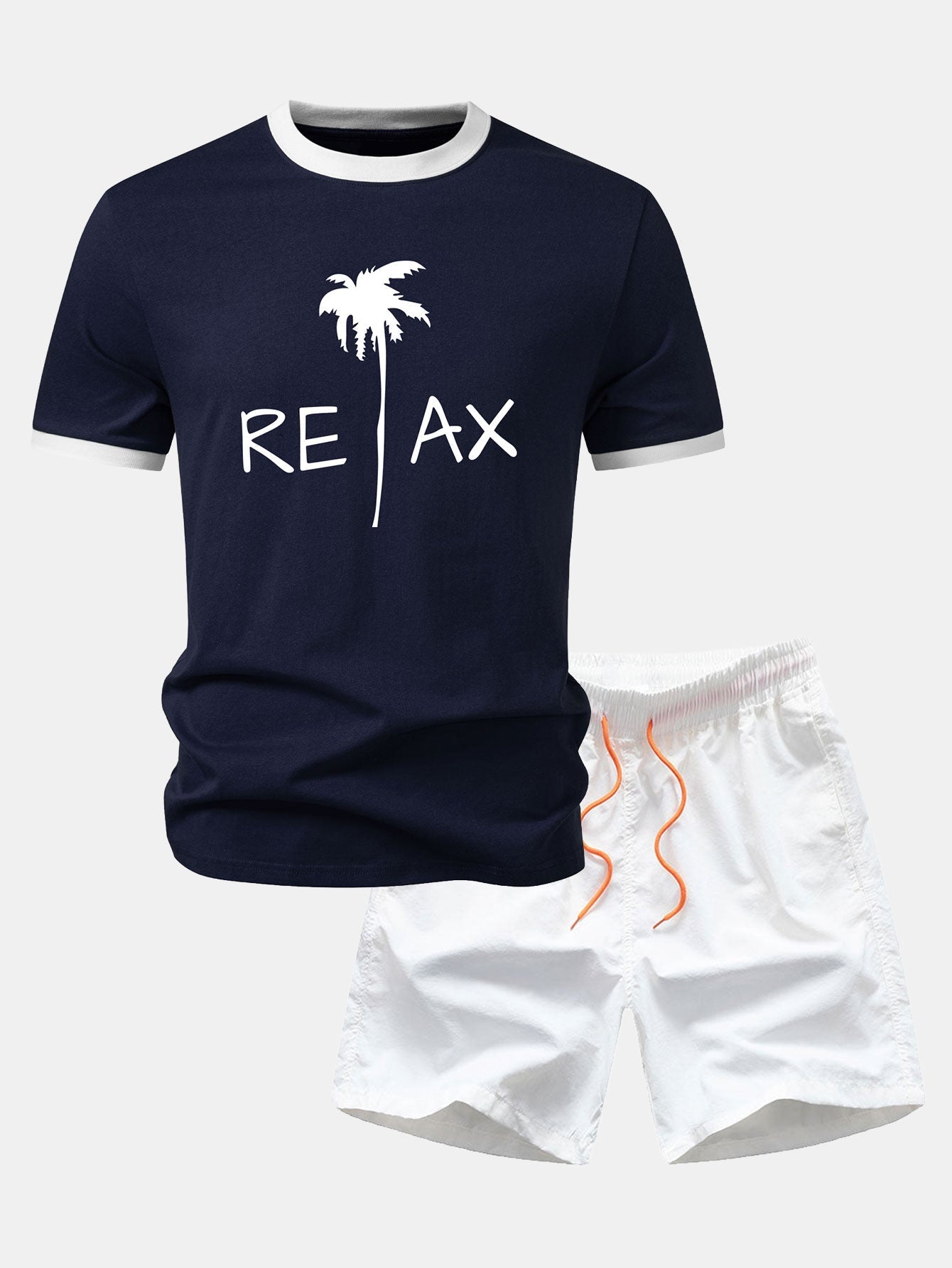Relax Palm Tree Print Contrast Ringer T-Shirt & Swim Shorts