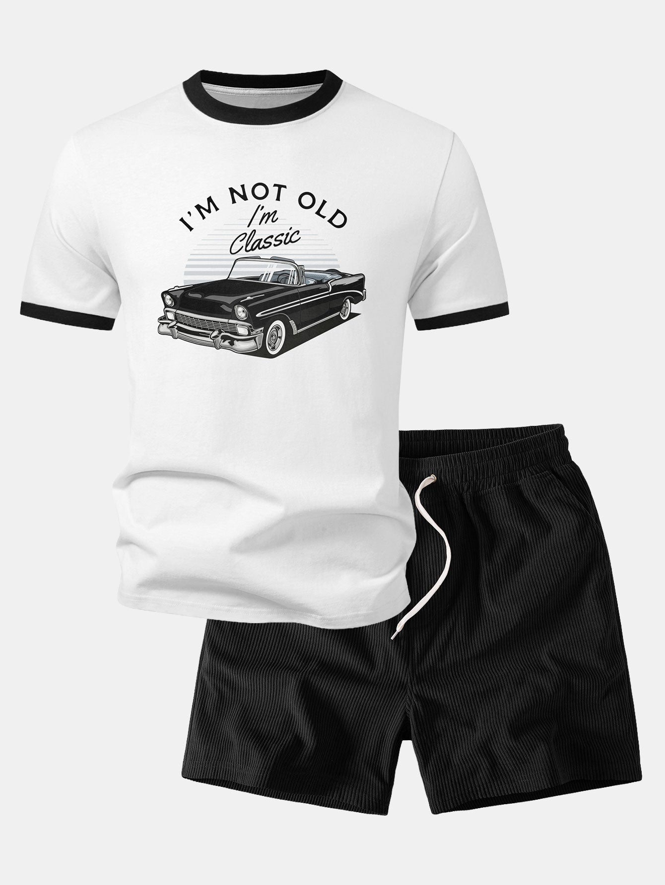 Vintage Car Print Contrast Ringer T-Shirt & 5" Drawstring  Corduroy Shorts