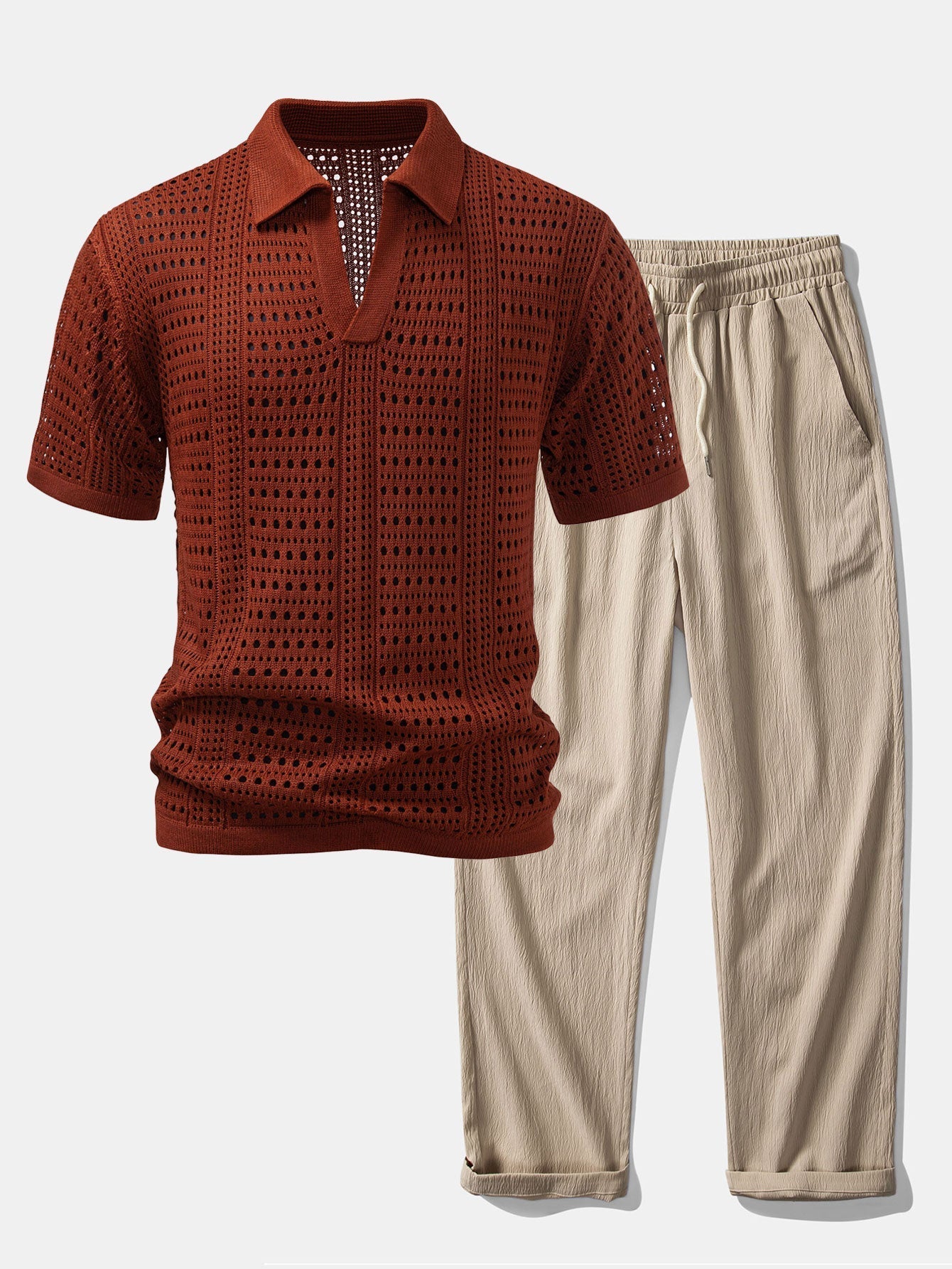 Crochet  V Neck Polo Shirt & Crinkle Textured Straight Leg Pants
