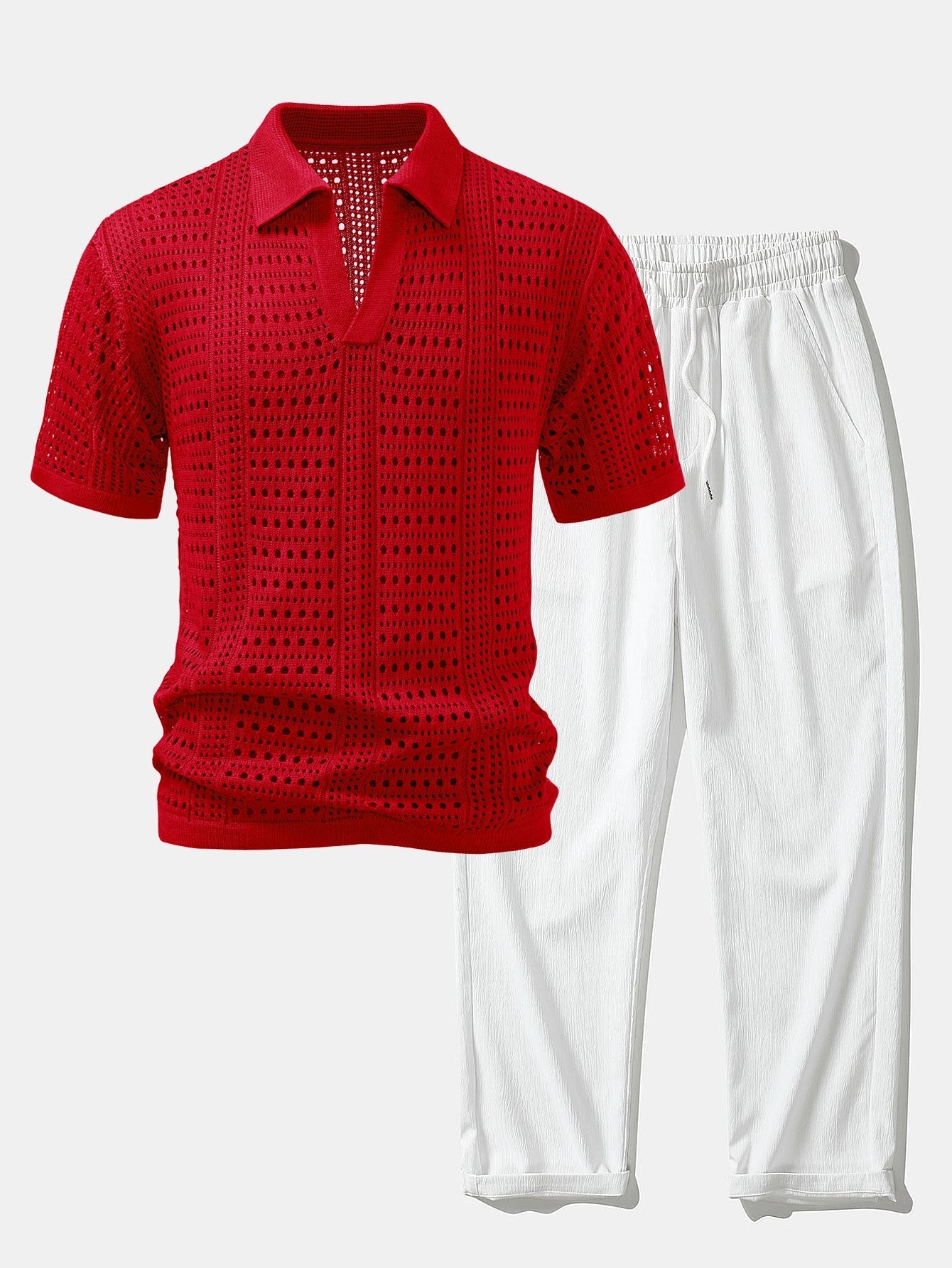 Crochet  V Neck Polo Shirt & Crinkle Textured Straight Leg Pants