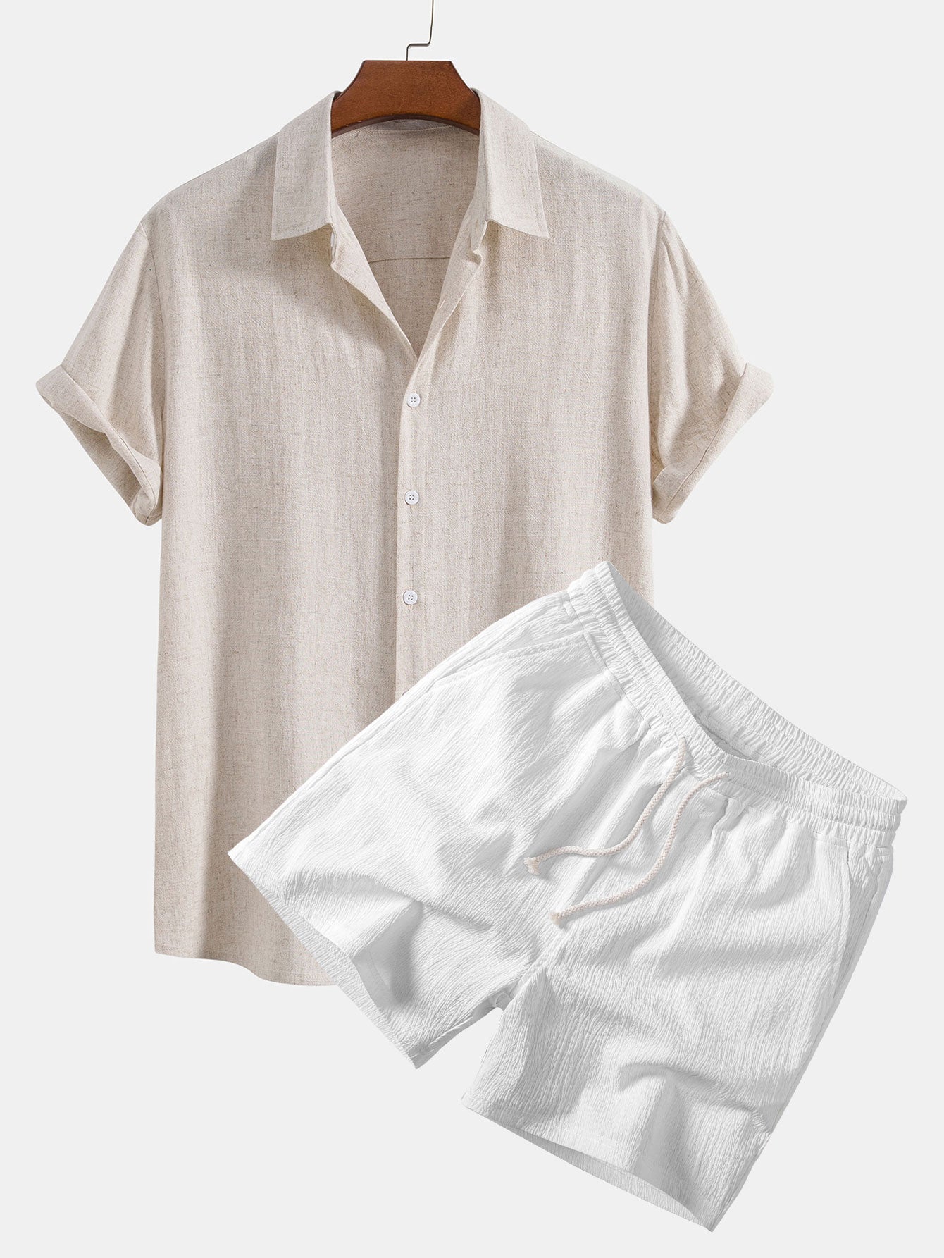 Linen Rayon Blend Button Up Shirt & Crinkle Textured Drawstring 5" Shorts