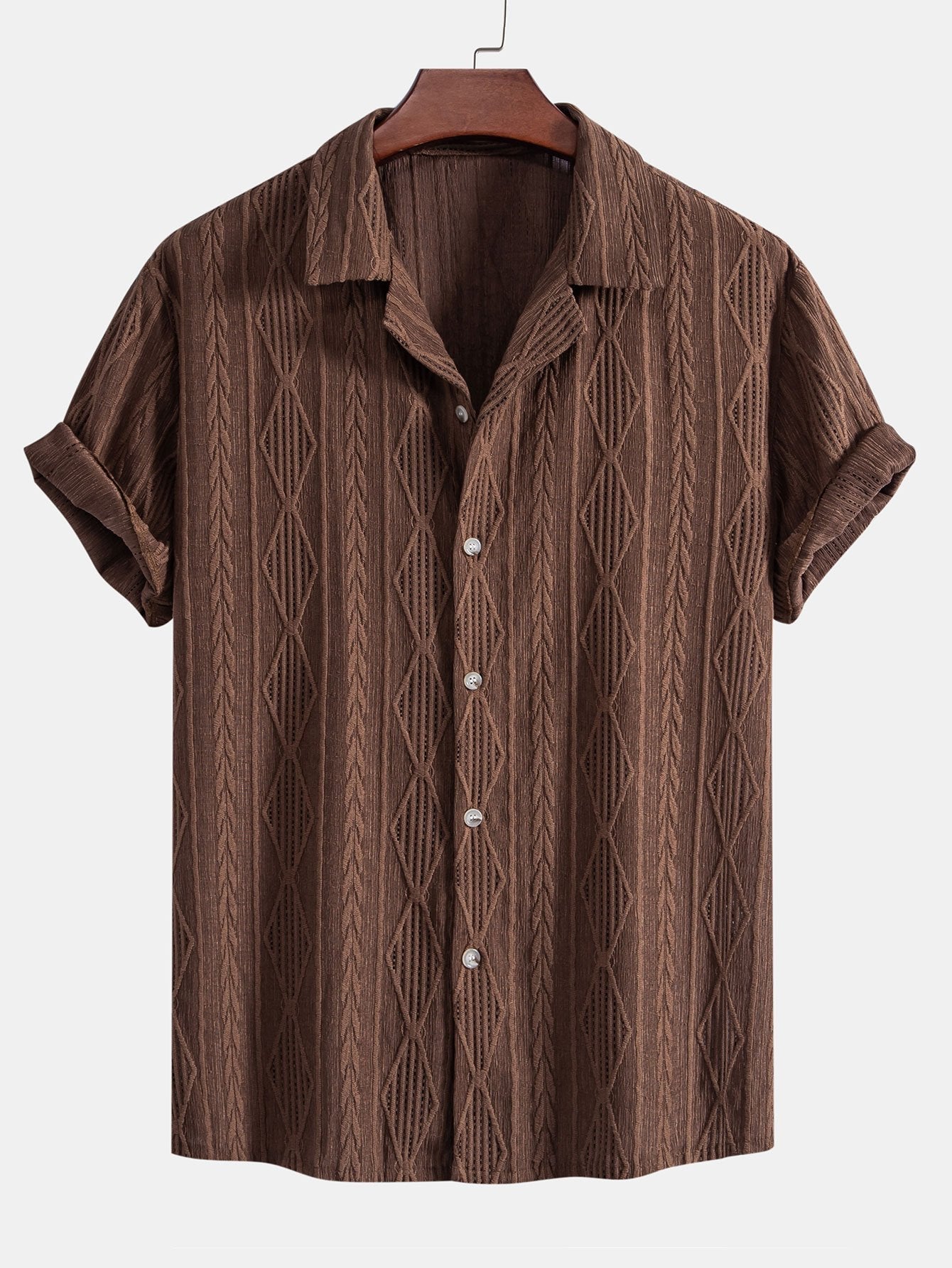 Geometric Jacquard Eyelet Cuban Shirt & Linen Blend Drawstring 7" Shorts